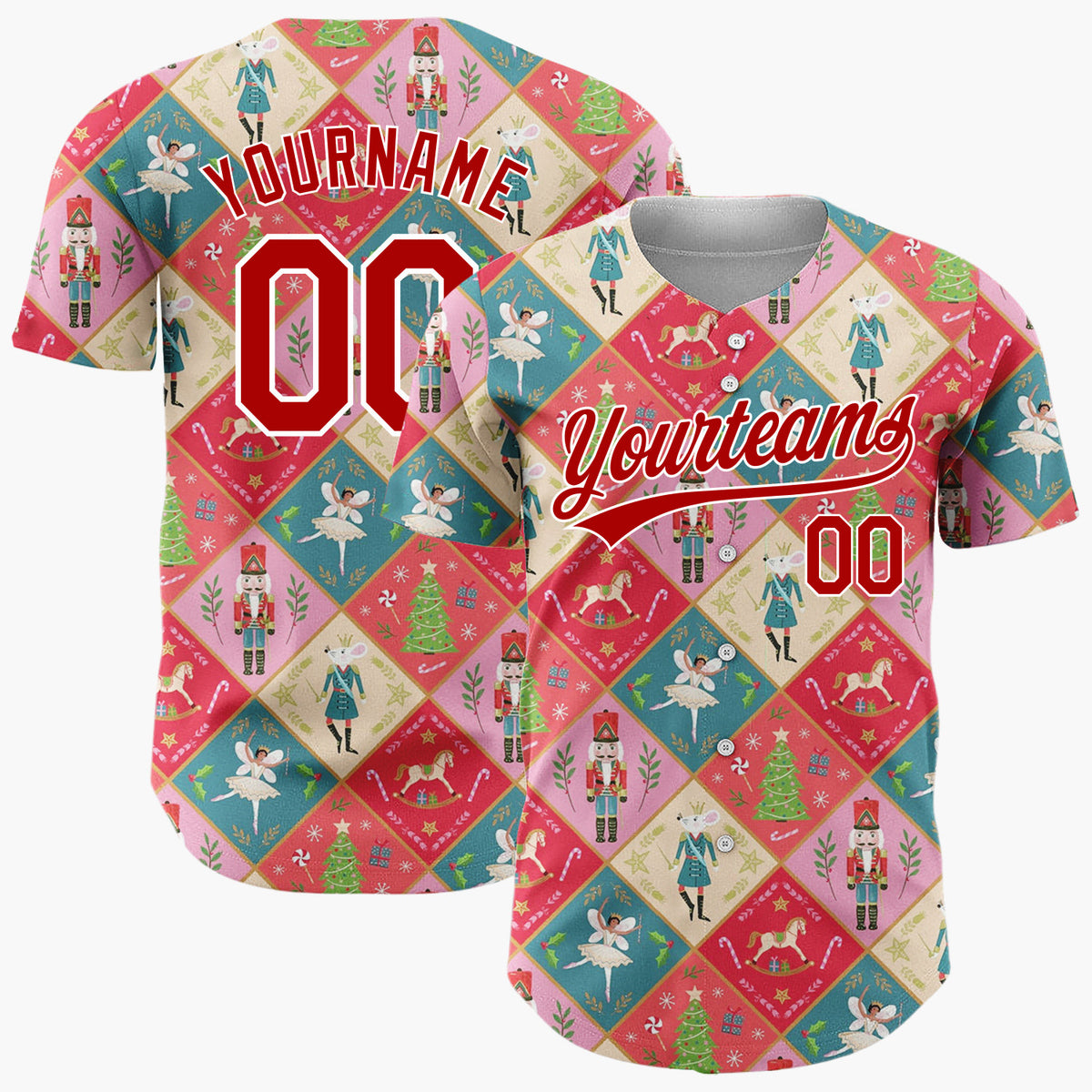 Custom Red Green Nutcracker Ballet Fairies And Trees Elegant Christmas Baseball Jersey