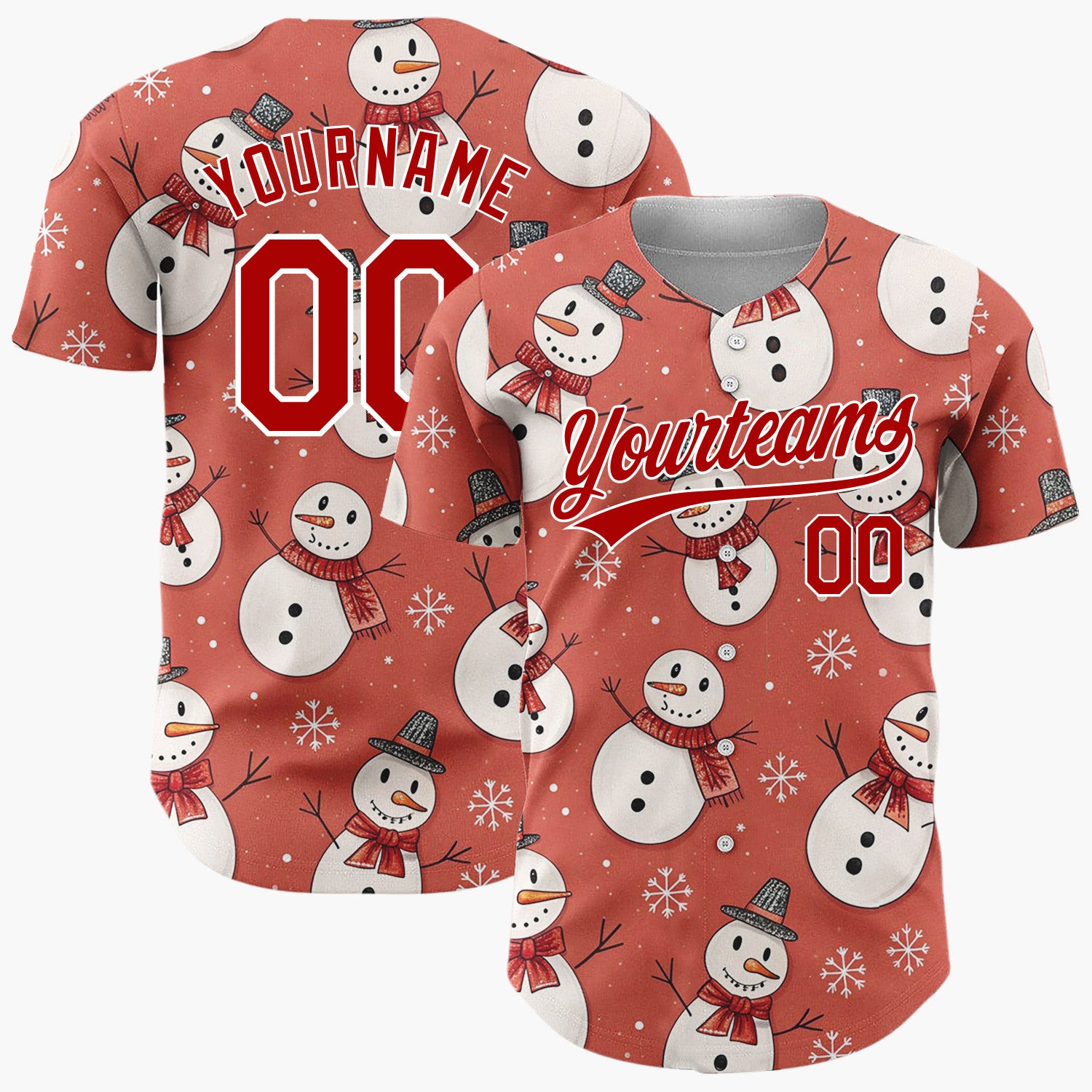 Custom Red Funny Snowman Whimsical Cartoon Pattern Christmas Baseball Jersey