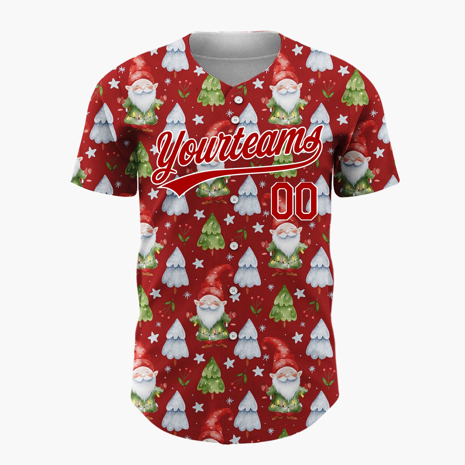 Custom Red Gnomes And Christmas Trees Watercolor Christmas Baseball Jersey