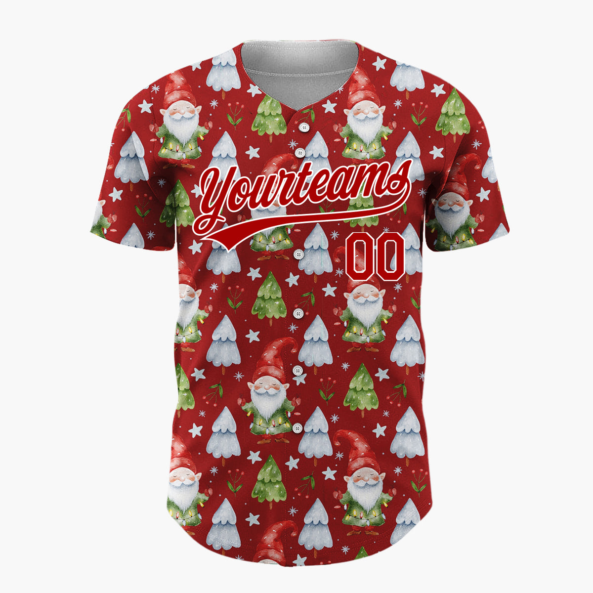 Custom Red Gnomes And Christmas Trees Watercolor Christmas Baseball Jersey