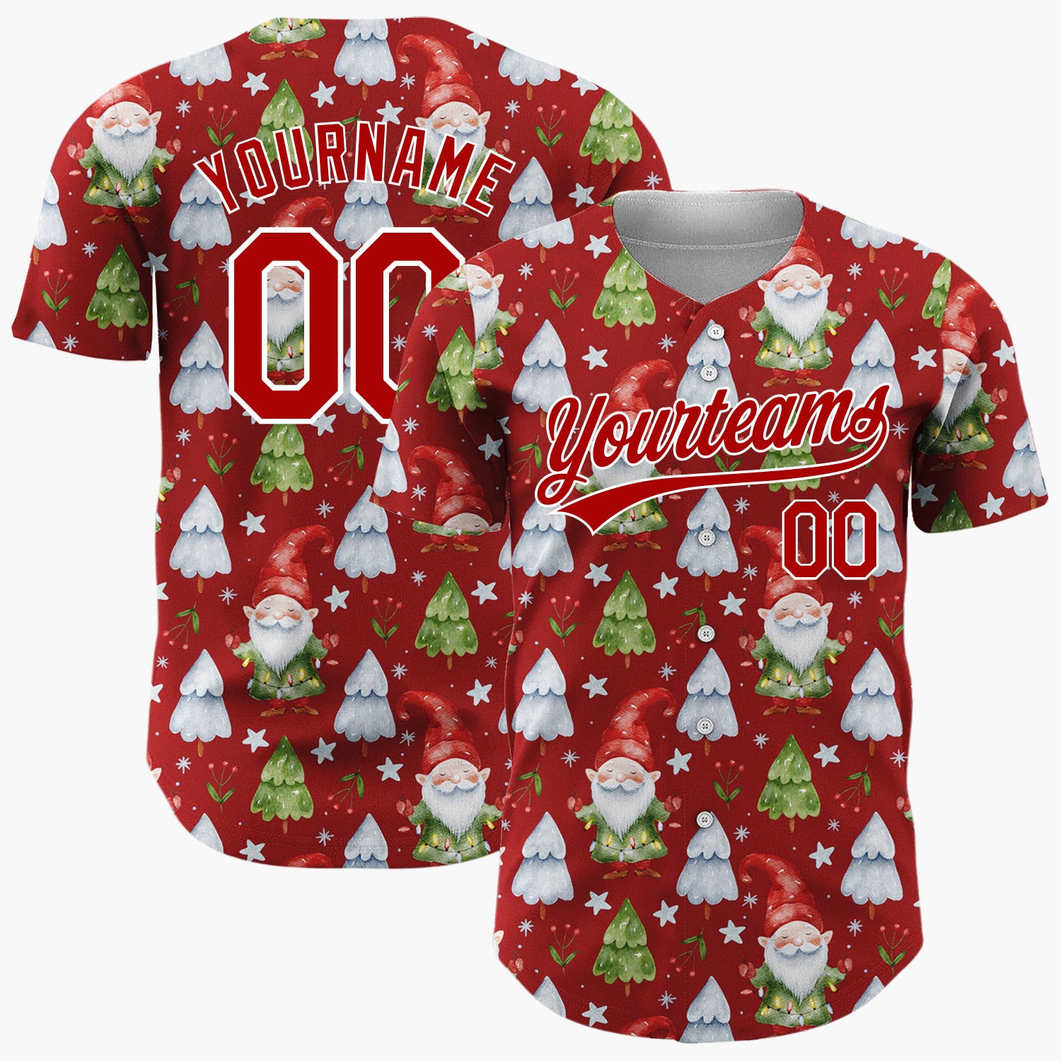 Custom Red Gnomes And Christmas Trees Watercolor Christmas Baseball Jersey