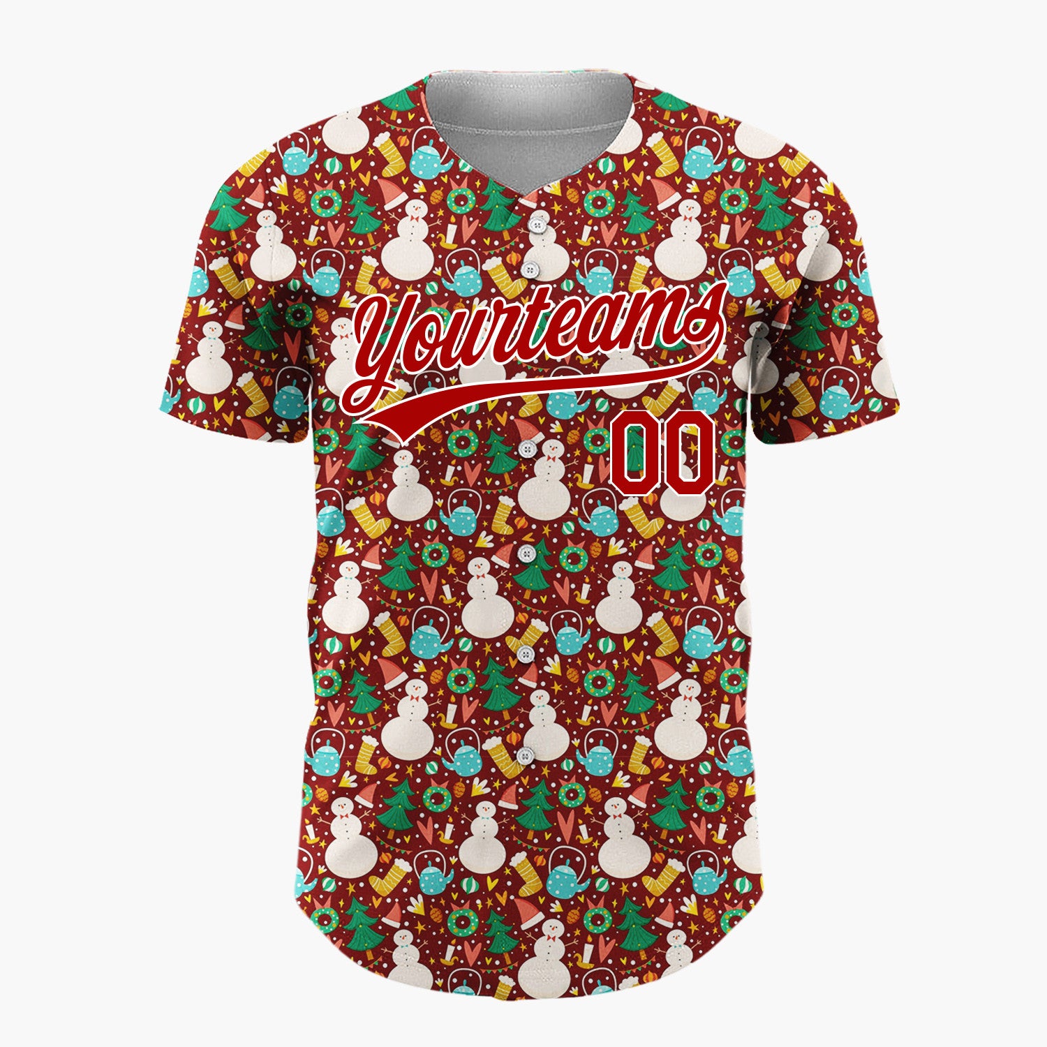 Custom Red Snowman Wreath Festive Nordic Pattern Christmas Baseball Jersey