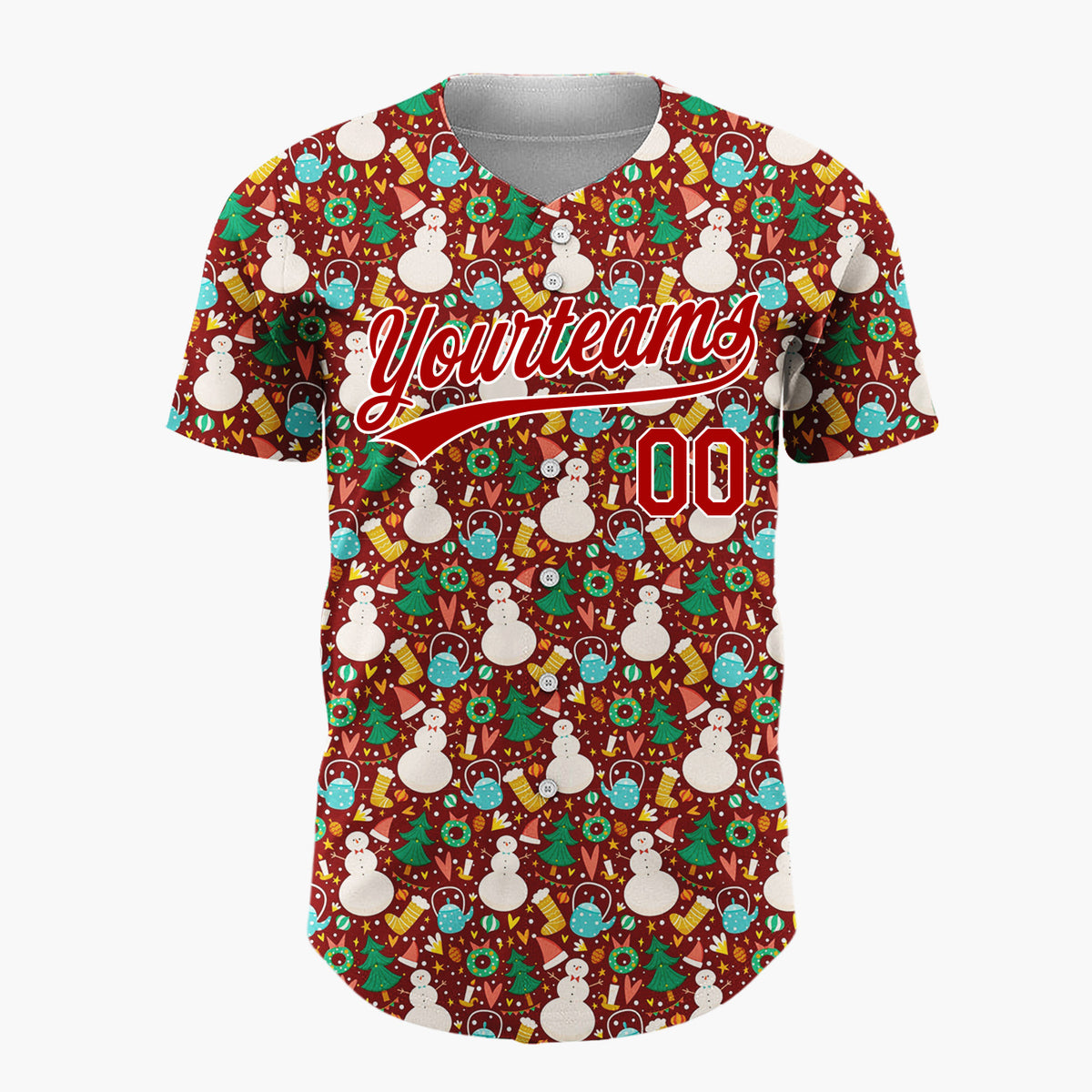 Custom Red Snowman Wreath Festive Nordic Pattern Christmas Baseball Jersey