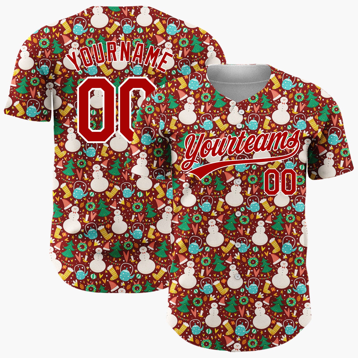 Custom Red Snowman Wreath Festive Nordic Pattern Christmas Baseball Jersey