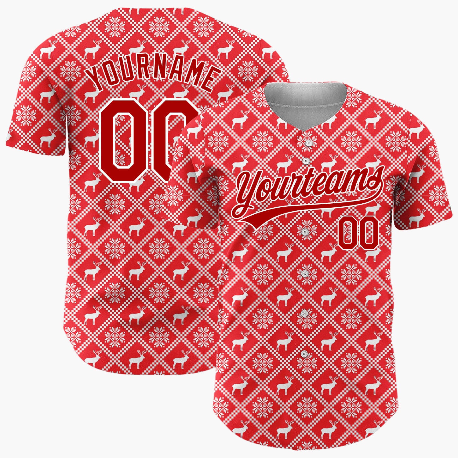 Custom Red Nordic Geometric Hearts Plaid Pattern Christmas Baseball Jersey