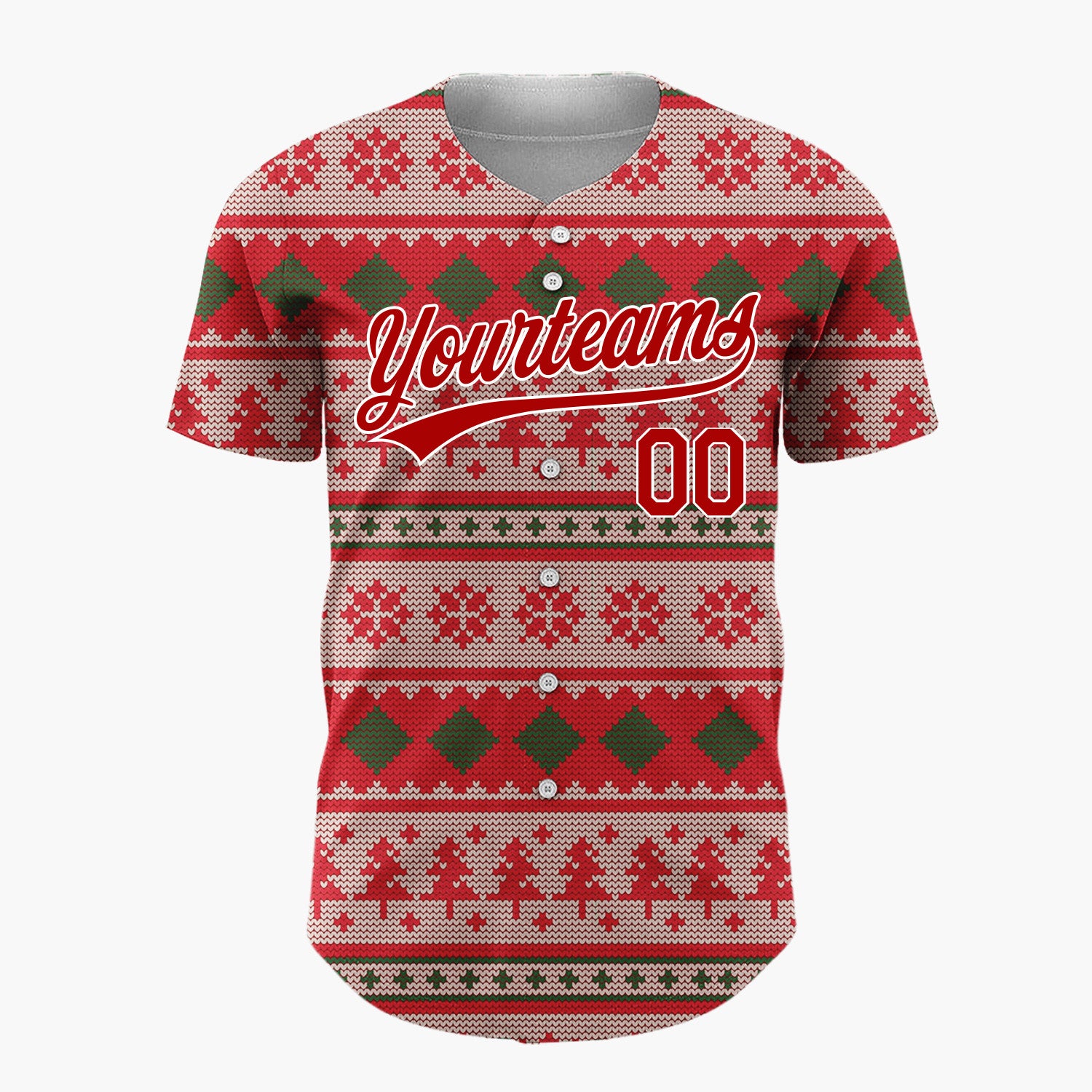 Custom Red Green Trees Diamonds And Snowflakes Festive Knit Pattern Christmas Baseball Jersey