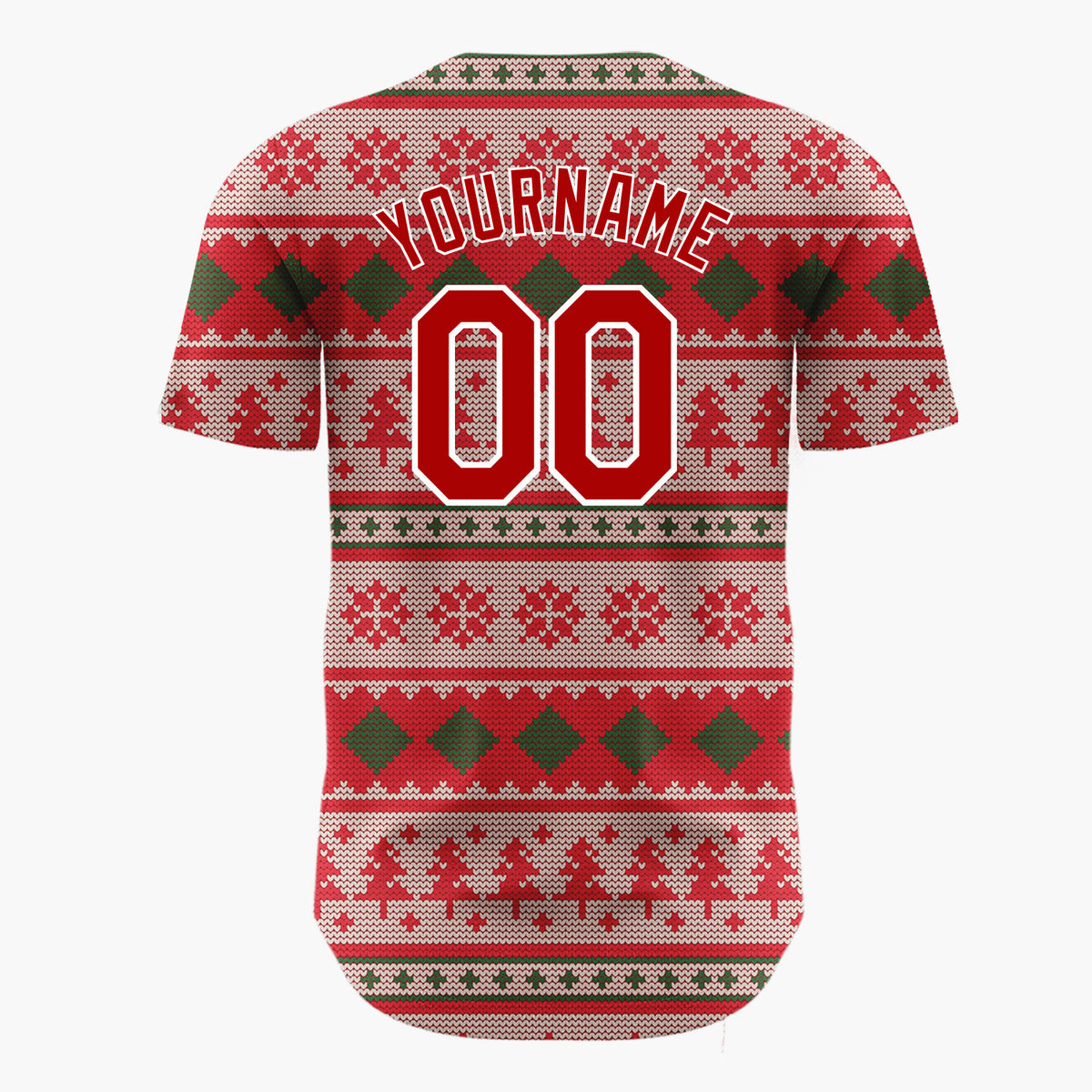 Custom Red Green Trees Diamonds And Snowflakes Festive Knit Pattern Christmas Baseball Jersey