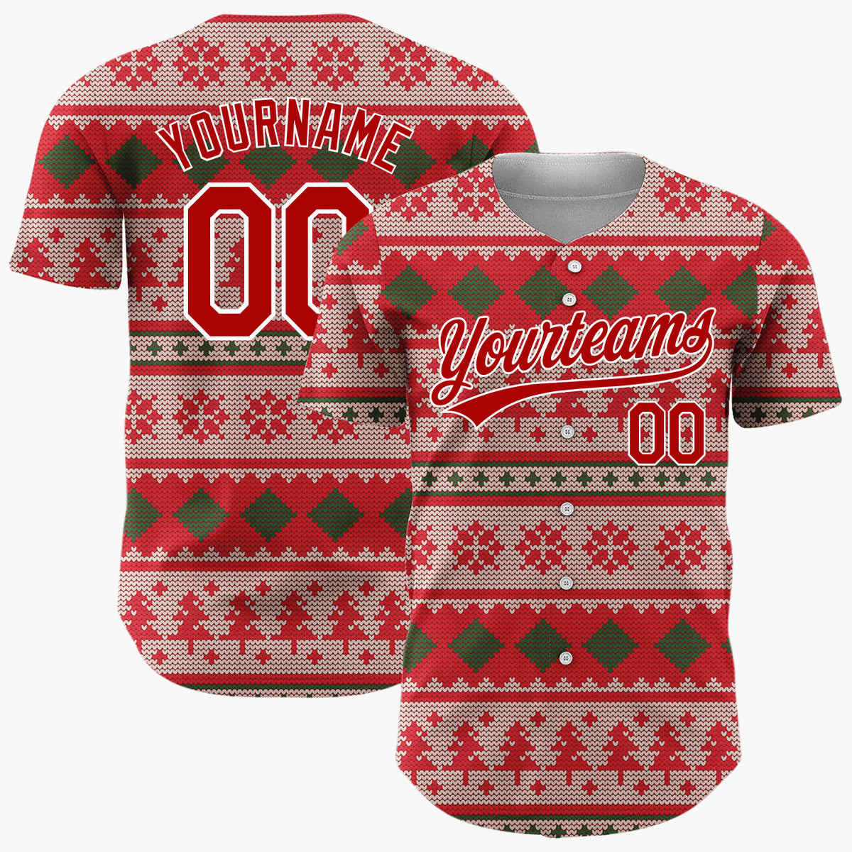 Custom Red Green Trees Diamonds And Snowflakes Festive Knit Pattern Christmas Baseball Jersey