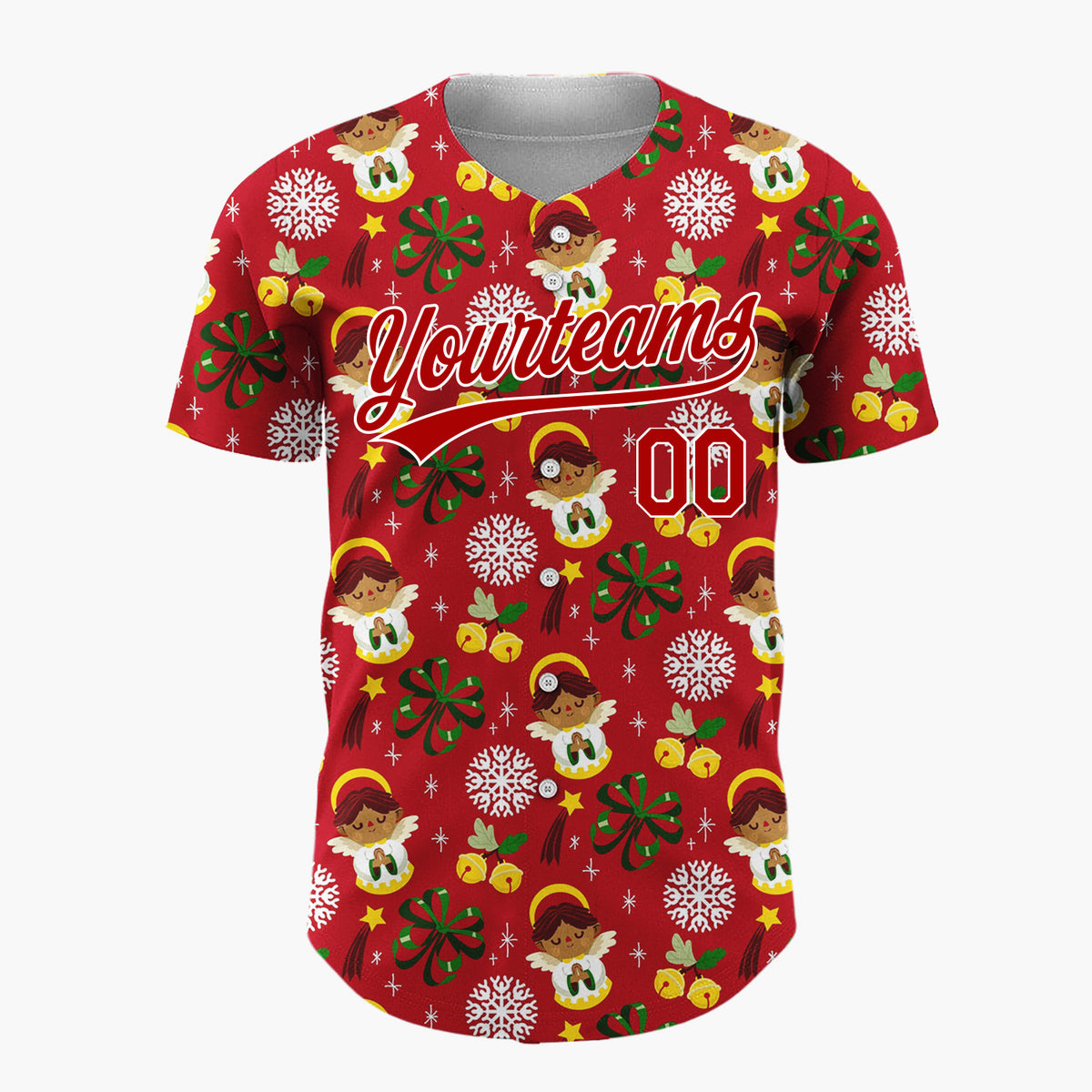 Custom Red White Green Angels And Snowflakes Christmas Baseball Jersey