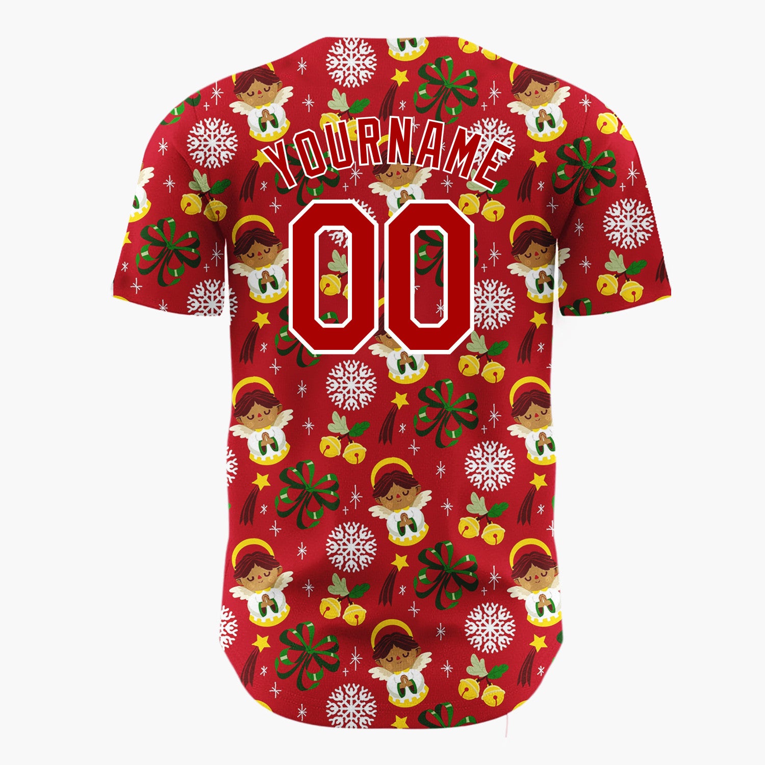Custom Red White Green Angels And Snowflakes Christmas Baseball Jersey