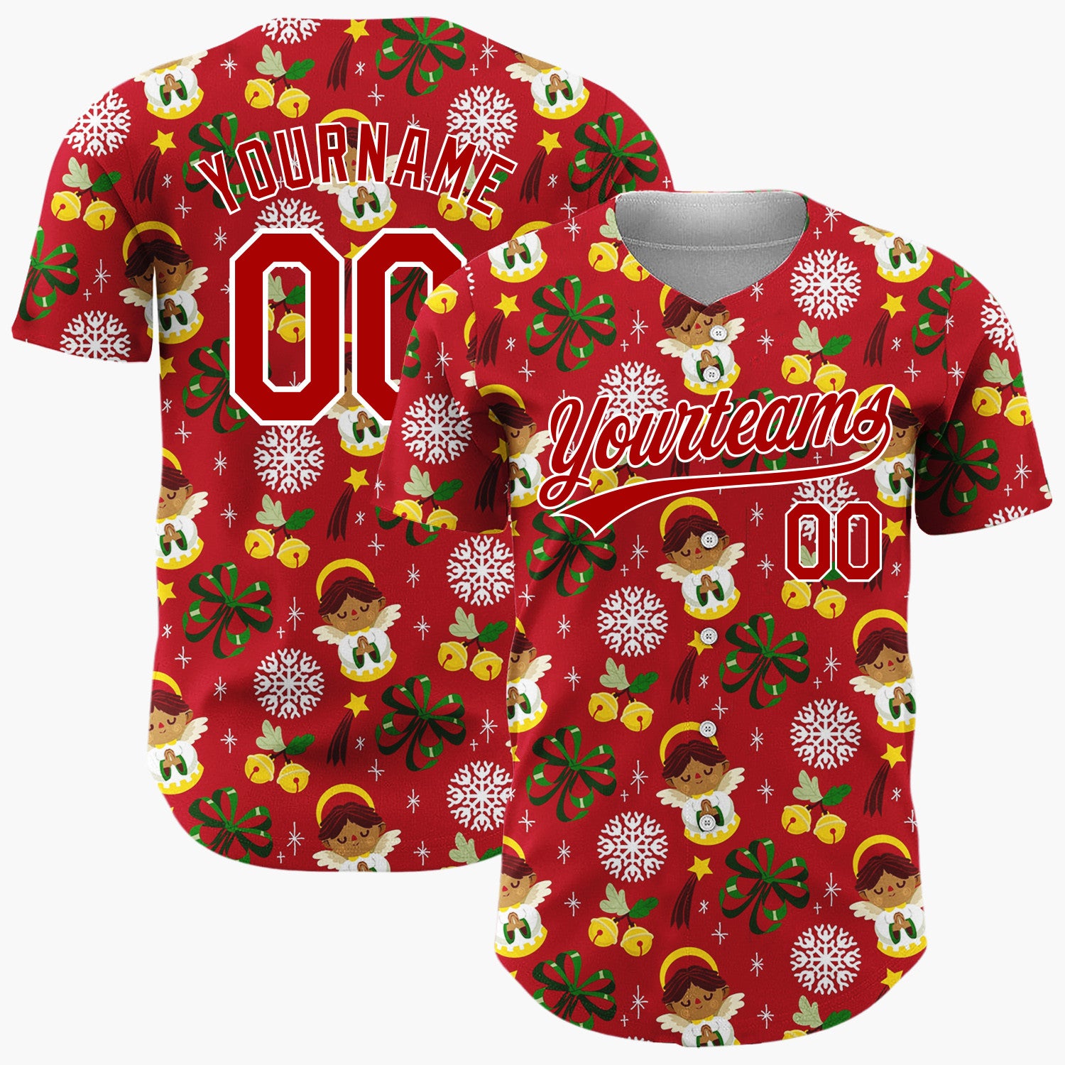 Custom Red White Green Angels And Snowflakes Christmas Baseball Jersey