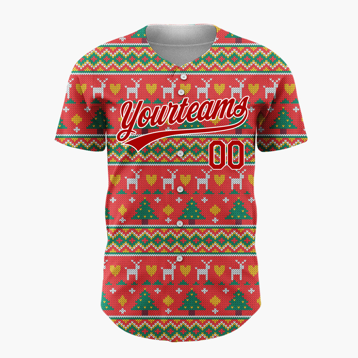 Custom Red Green Trees Reindeer And Hearts Christmas Knit Pattern Christmas Baseball Jersey