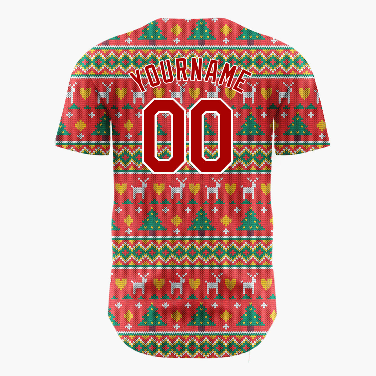 Custom Red Green Trees Reindeer And Hearts Christmas Knit Pattern Christmas Baseball Jersey