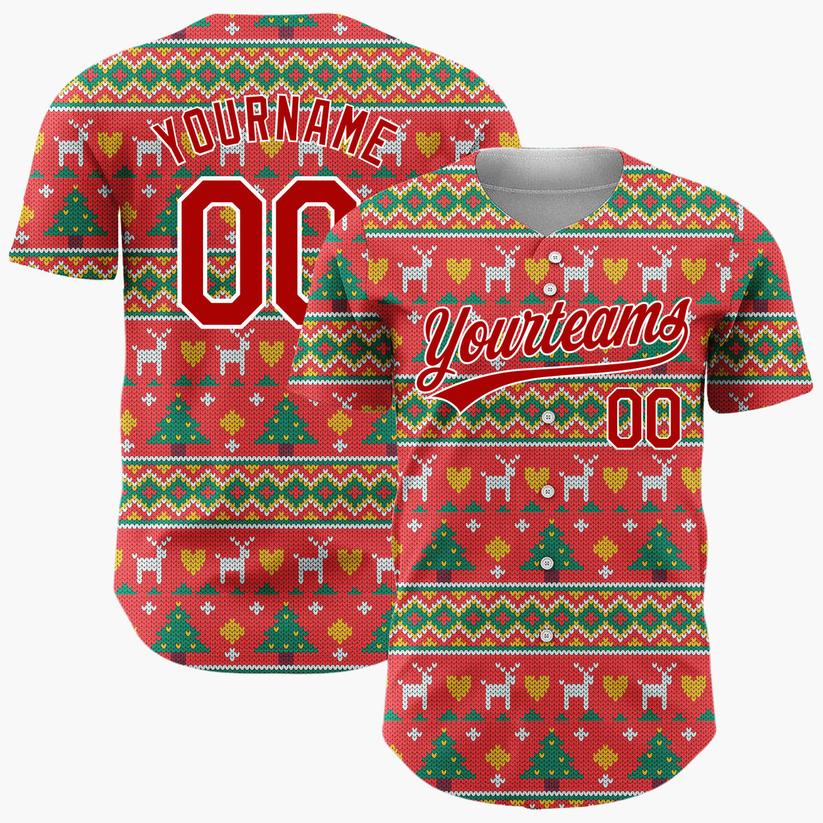 Custom Red Green Trees Reindeer And Hearts Christmas Knit Pattern Christmas Baseball Jersey