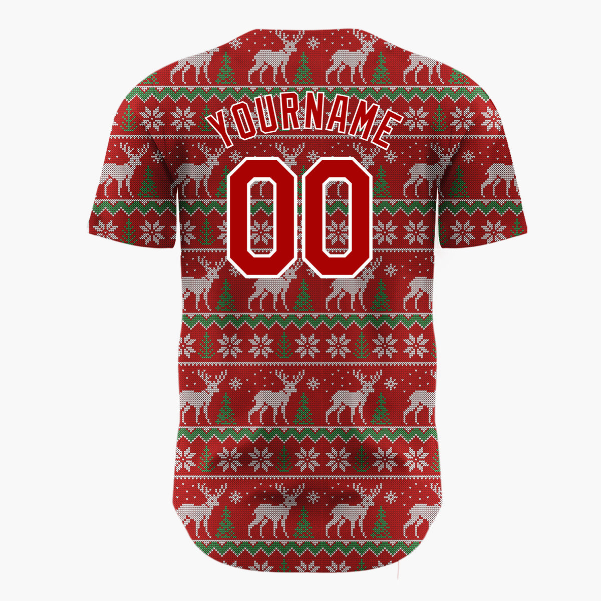 Custom Red Reindeer Snowflakes Nordic Fair Isle Knit Pattern Christmas Baseball Jersey