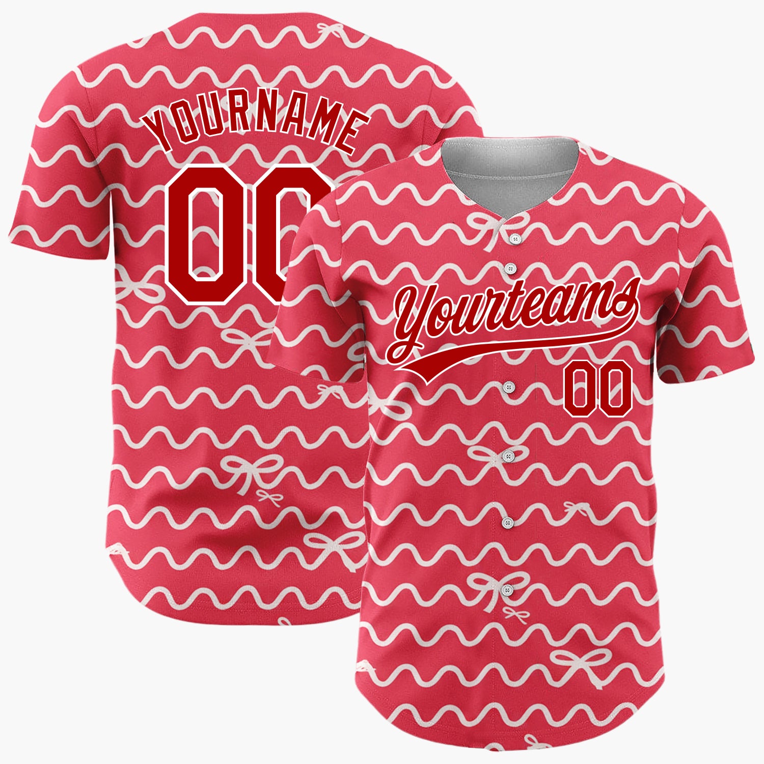 Custom Red White Ribbons And Wavy Lines Minimal Christmas Wrapping Pattern Christmas Baseball Jersey