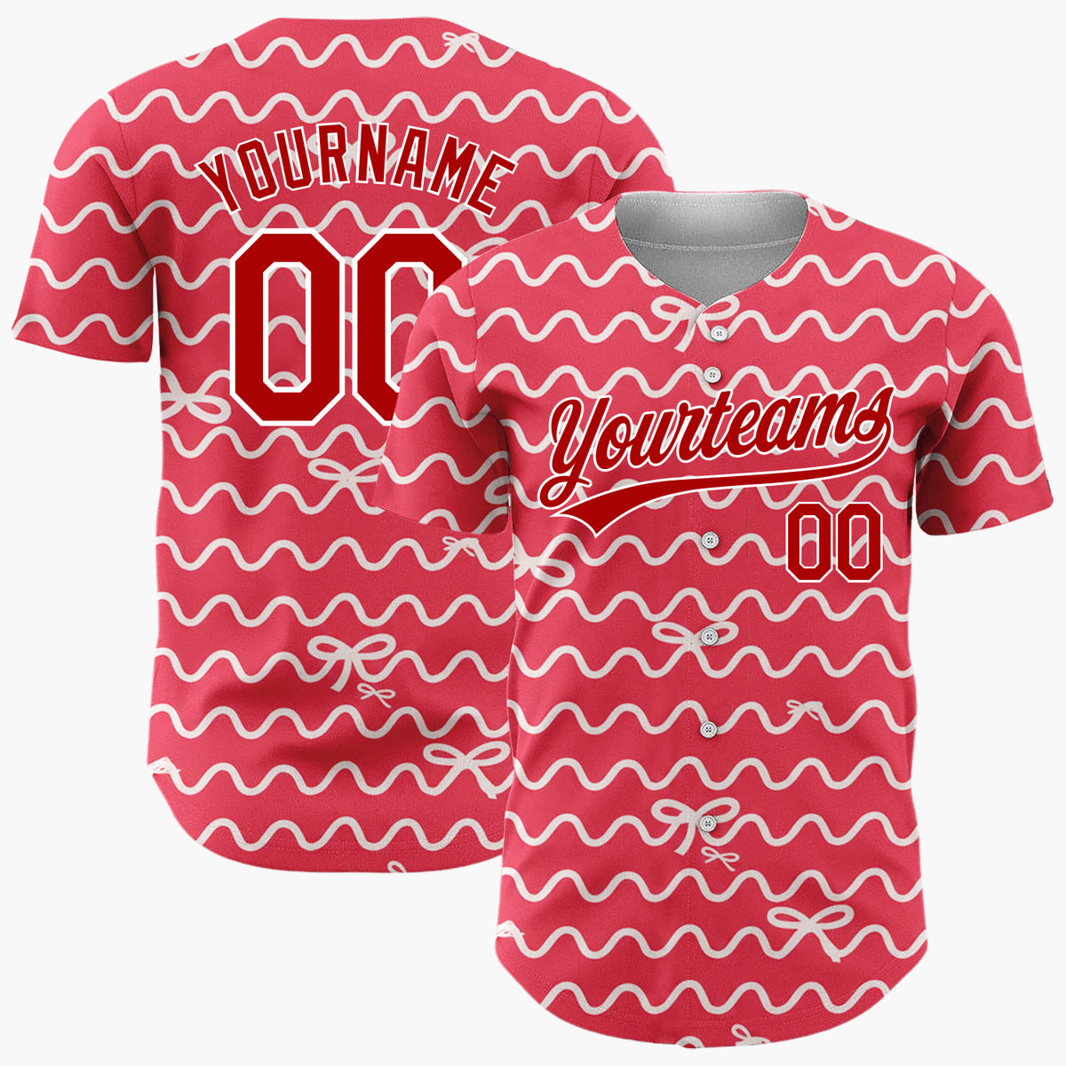 Custom Red White Ribbons And Wavy Lines Minimal Christmas Wrapping Pattern Christmas Baseball Jersey
