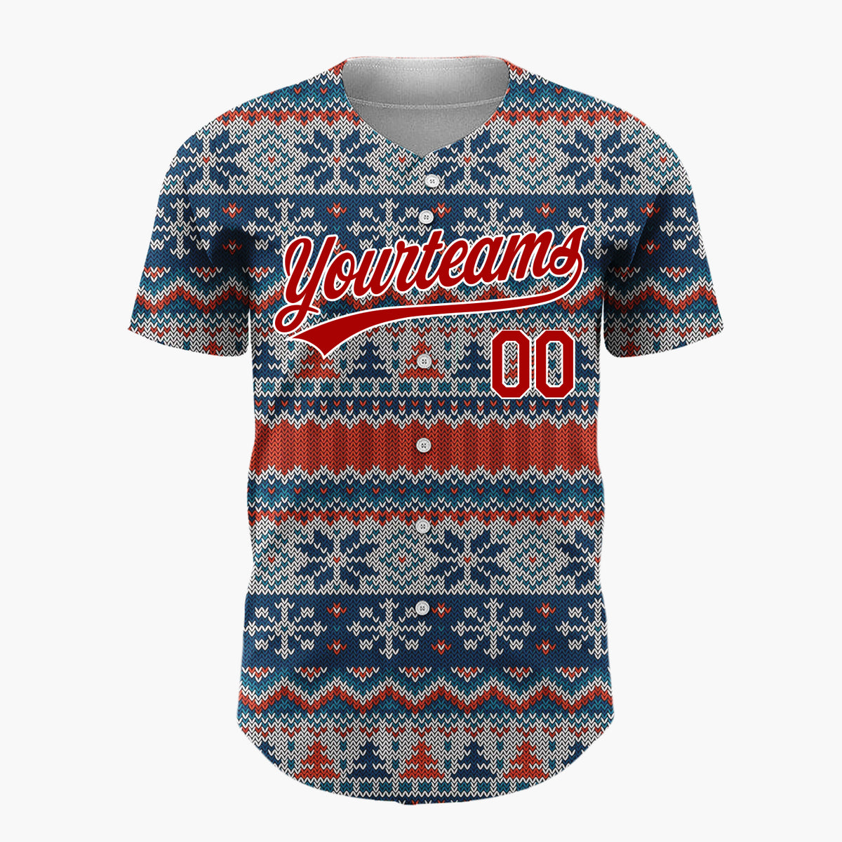 Custom Red Navy Trees And Snowflakes Nordic Knit Christmas Baseball Jersey