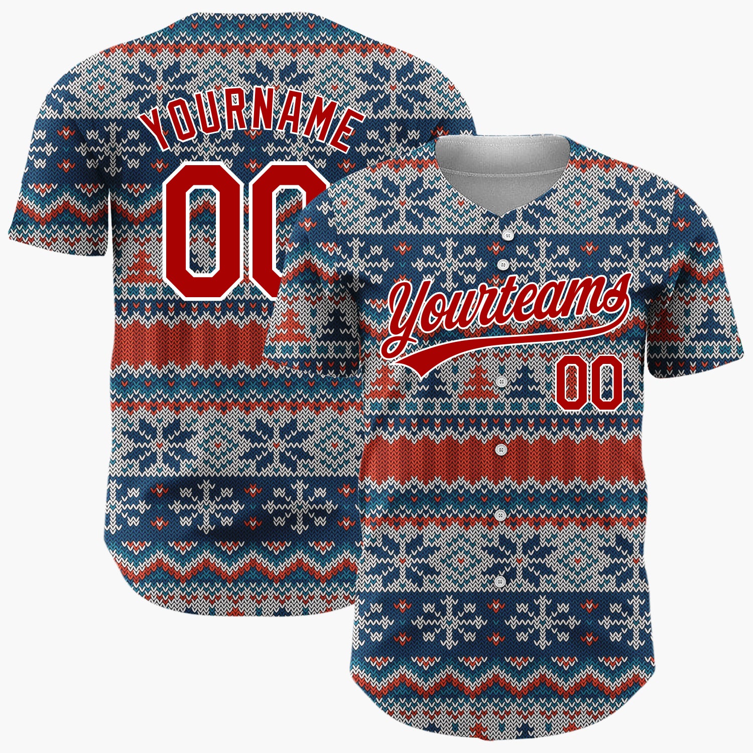 Custom Red Navy Trees And Snowflakes Nordic Knit Christmas Baseball Jersey