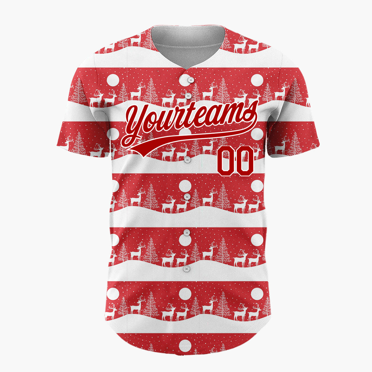 Custom Red Deer Tree Silhouette Border Pattern Christmas Baseball Jersey