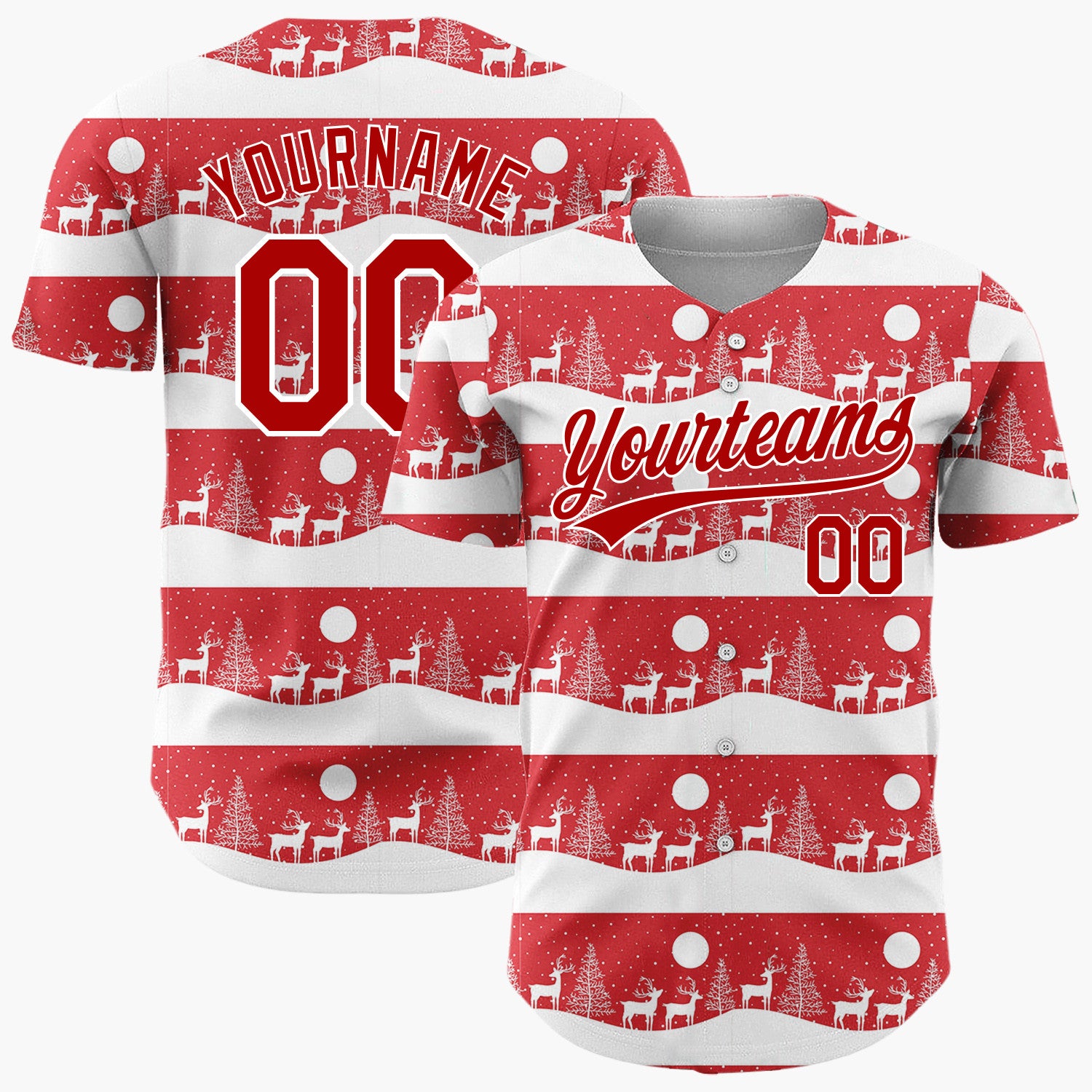 Custom Red Deer Tree Silhouette Border Pattern Christmas Baseball Jersey