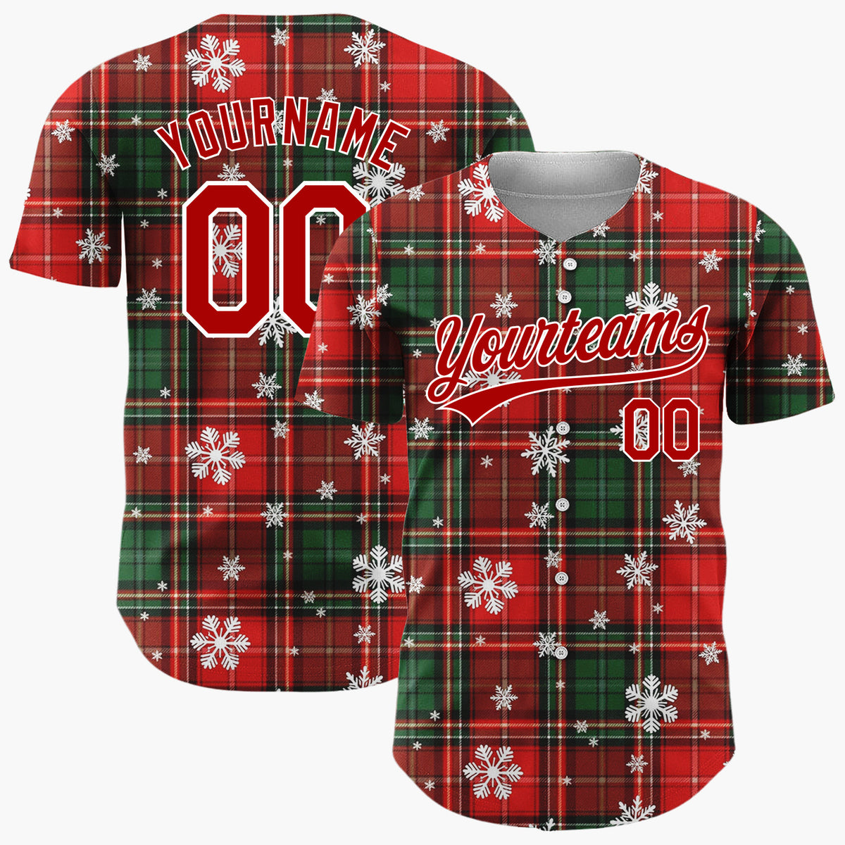 Custom Red Green Tartan Plaid Snowflakes Plaid Pattern Christmas Baseball Jersey