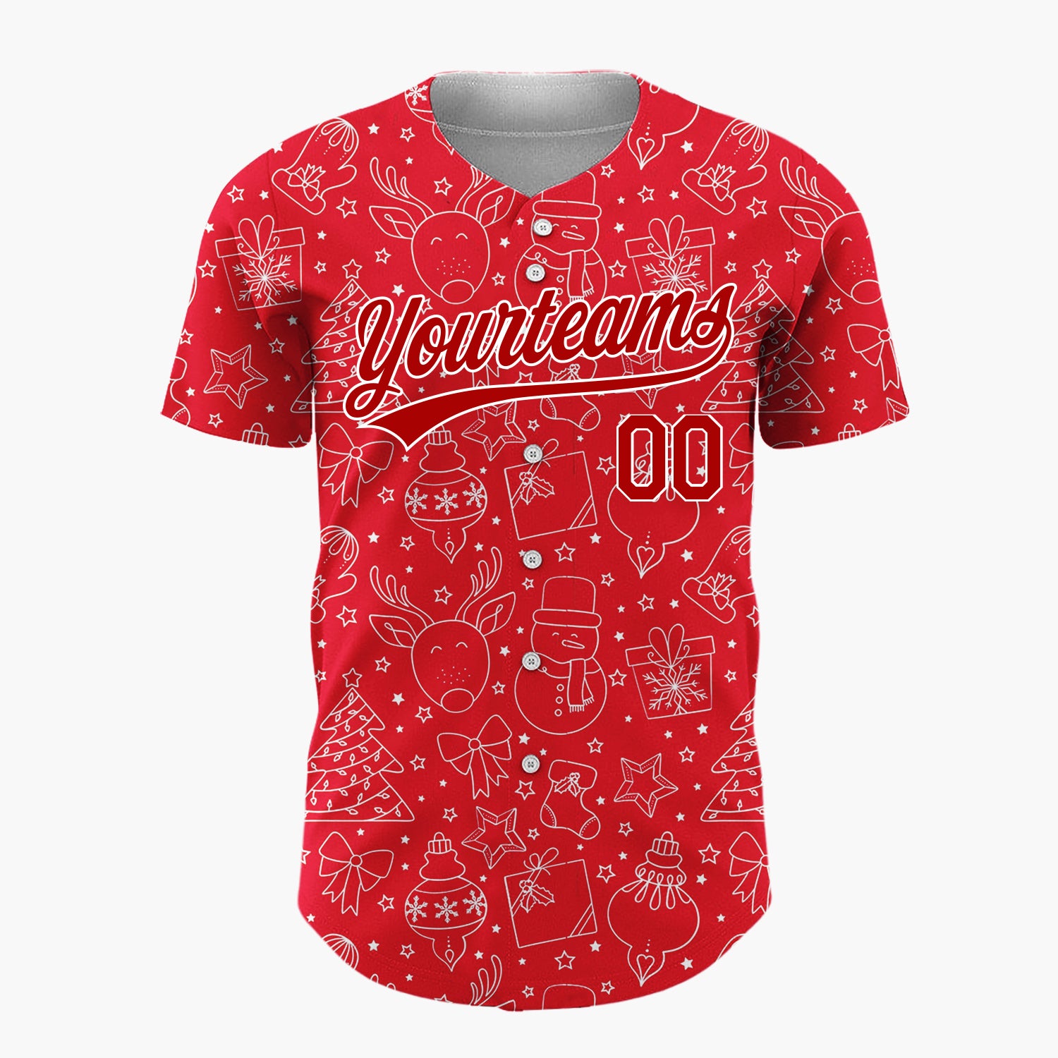Custom Red White Christmas Doodles Outline Festive Line Art Pattern Christmas Baseball Jersey