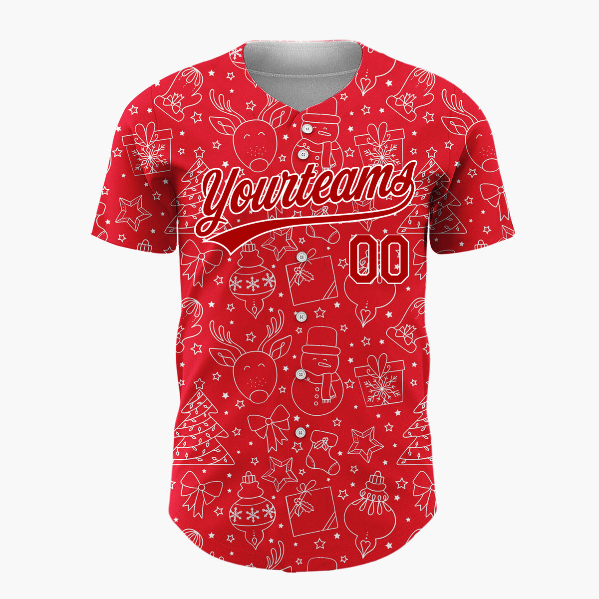 Custom Red White Christmas Doodles Outline Festive Line Art Pattern Christmas Baseball Jersey