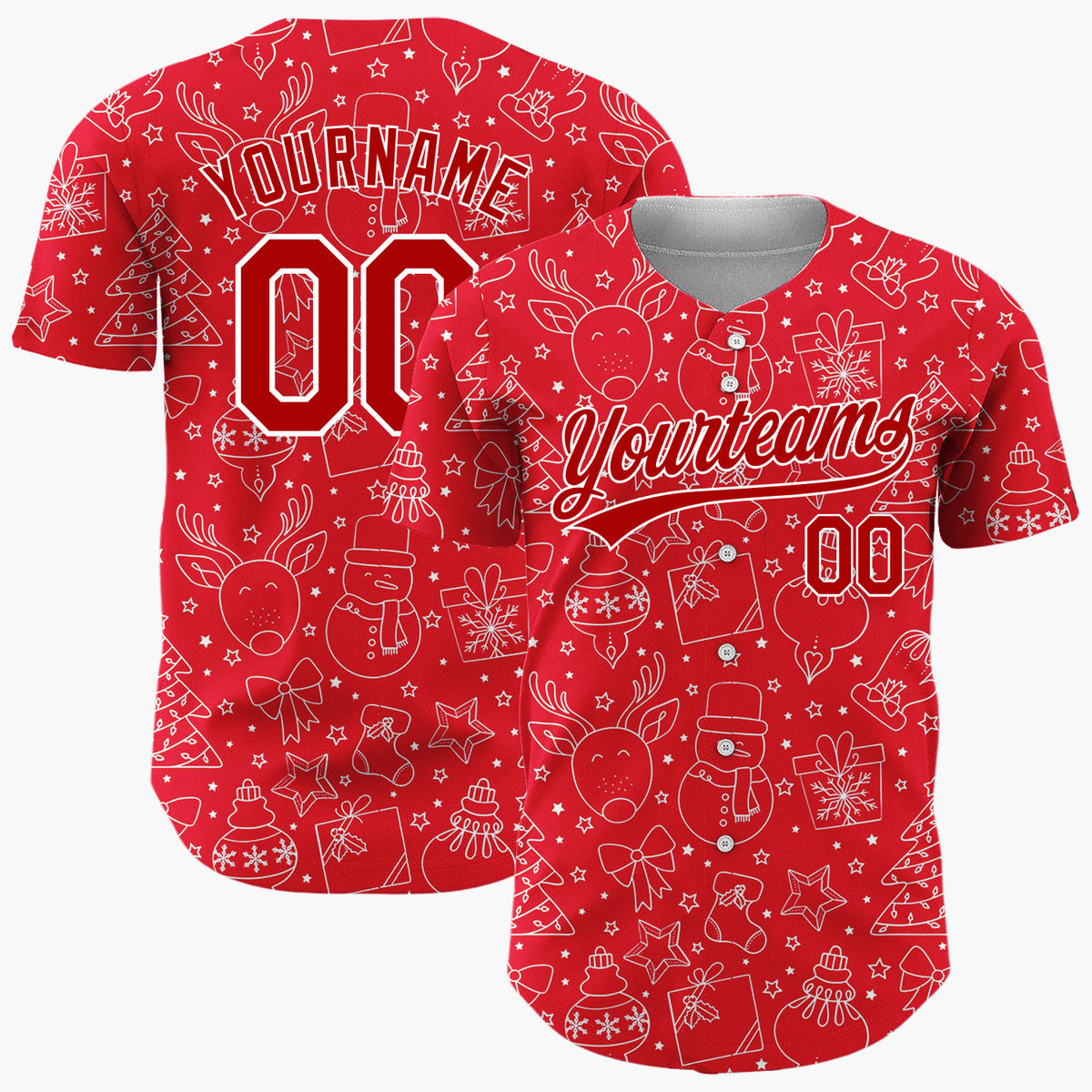 Custom Red White Christmas Doodles Outline Festive Line Art Pattern Christmas Baseball Jersey