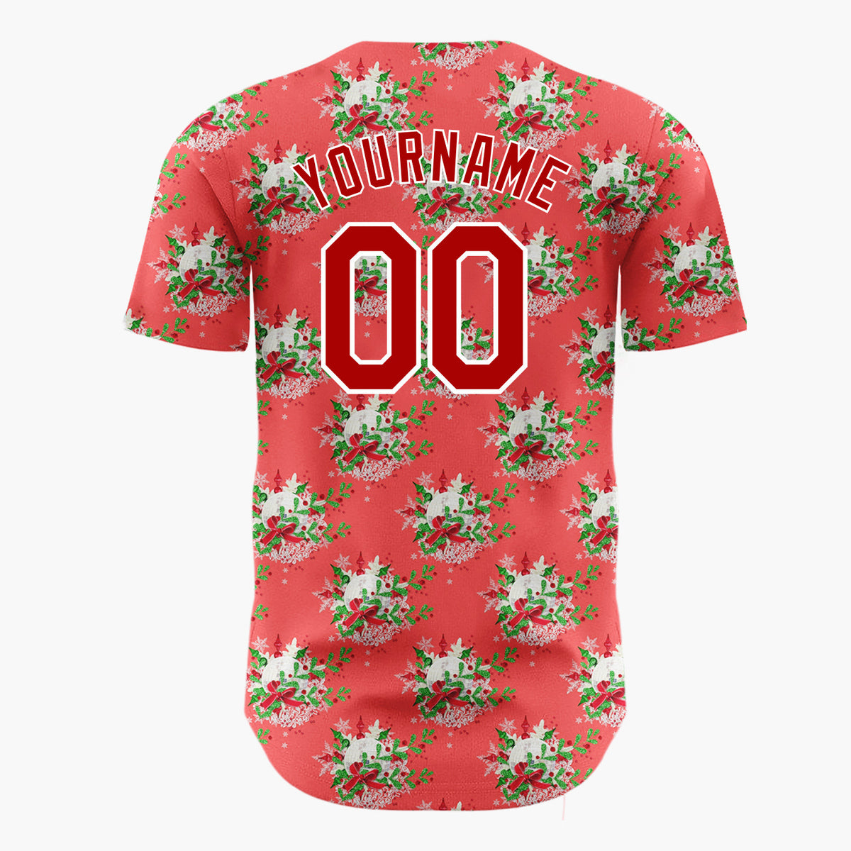 Custom Red Christmas Wreath Festive Foliage Pattern Christmas Baseball Jersey