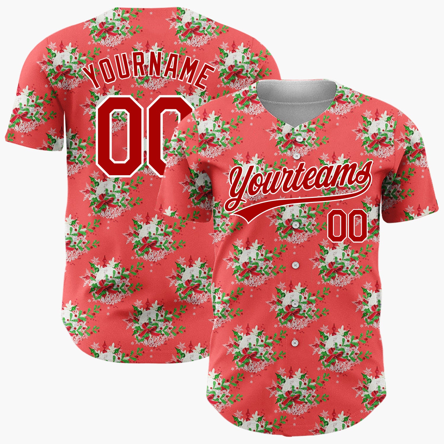 Custom Red Christmas Wreath Festive Foliage Pattern Christmas Baseball Jersey