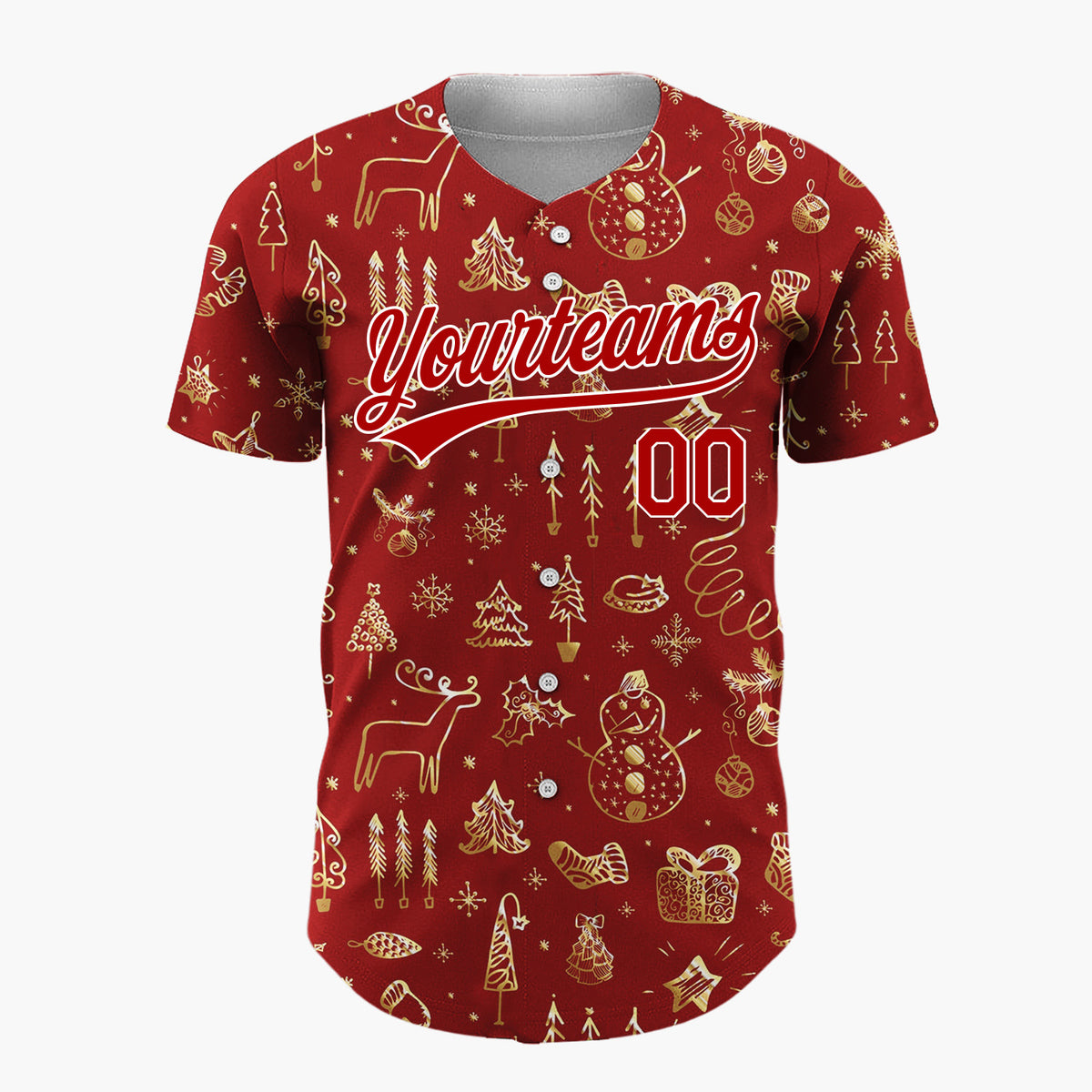 Custom Red Gold Christmas Doodles Hand Drawn Festive Pattern Christmas Baseball Jersey