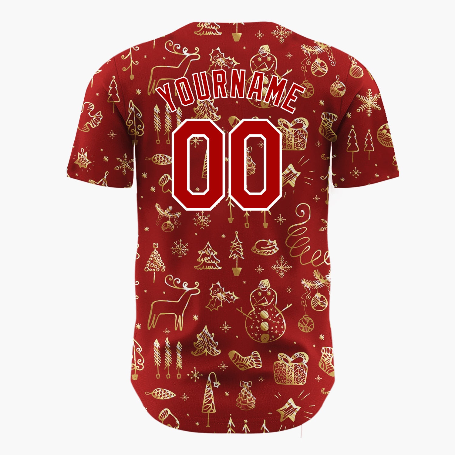Custom Red Gold Christmas Doodles Hand Drawn Festive Pattern Christmas Baseball Jersey