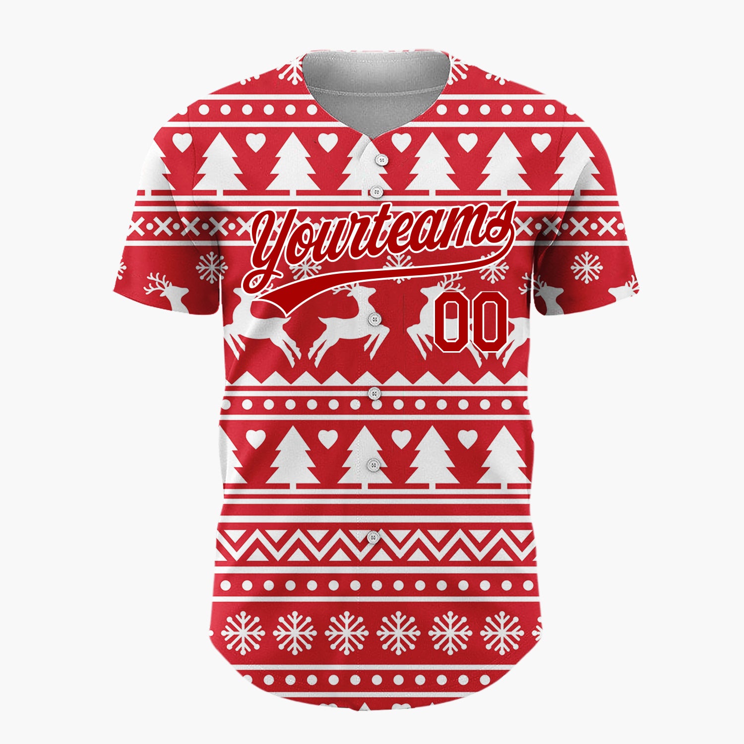 Custom Red White Reindeer And Trees Graphic Nordic Pattern Christmas Baseball Jersey