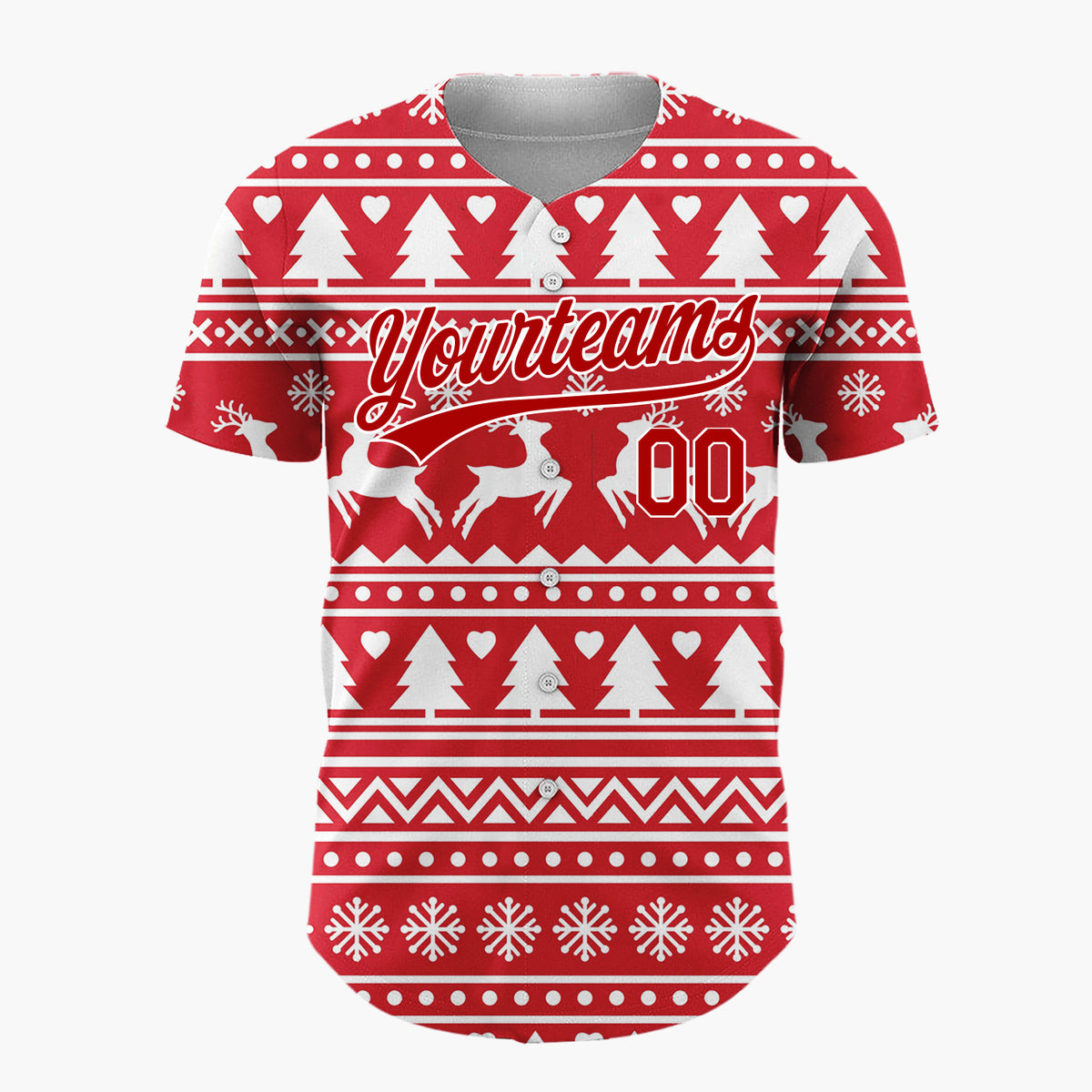 Custom Red White Reindeer And Trees Graphic Nordic Pattern Christmas Baseball Jersey