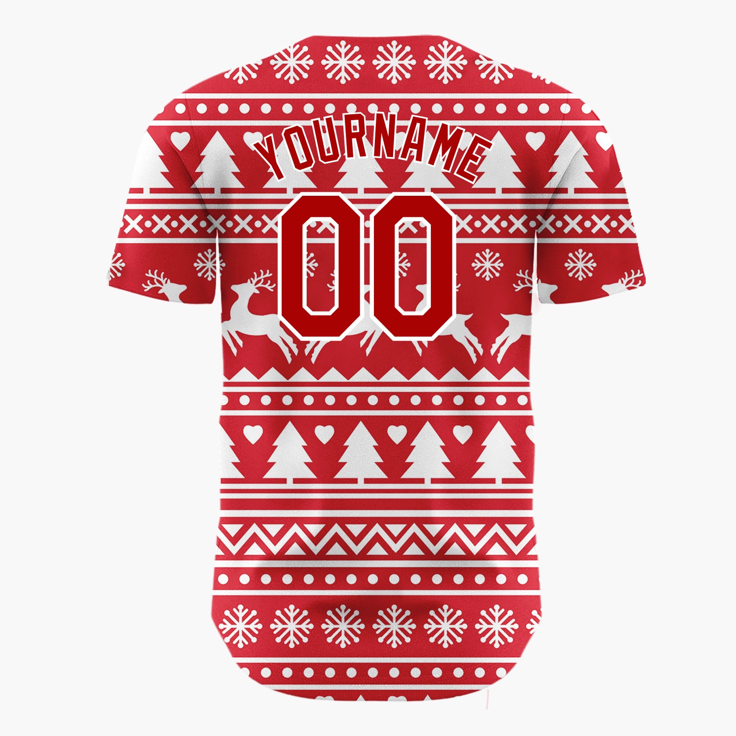 Custom Red White Reindeer And Trees Graphic Nordic Pattern Christmas Baseball Jersey