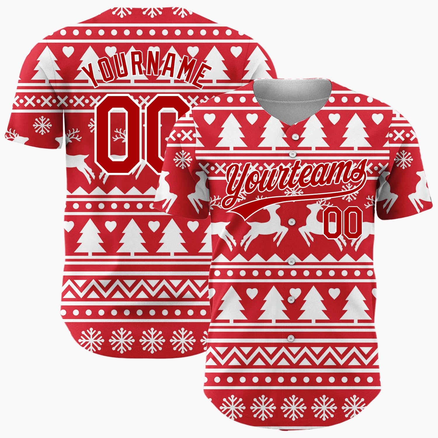 Custom Red White Reindeer And Trees Graphic Nordic Pattern Christmas Baseball Jersey