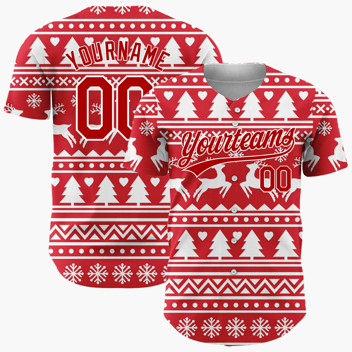 Custom Red White Reindeer And Trees Graphic Nordic Pattern Christmas Baseball Jersey