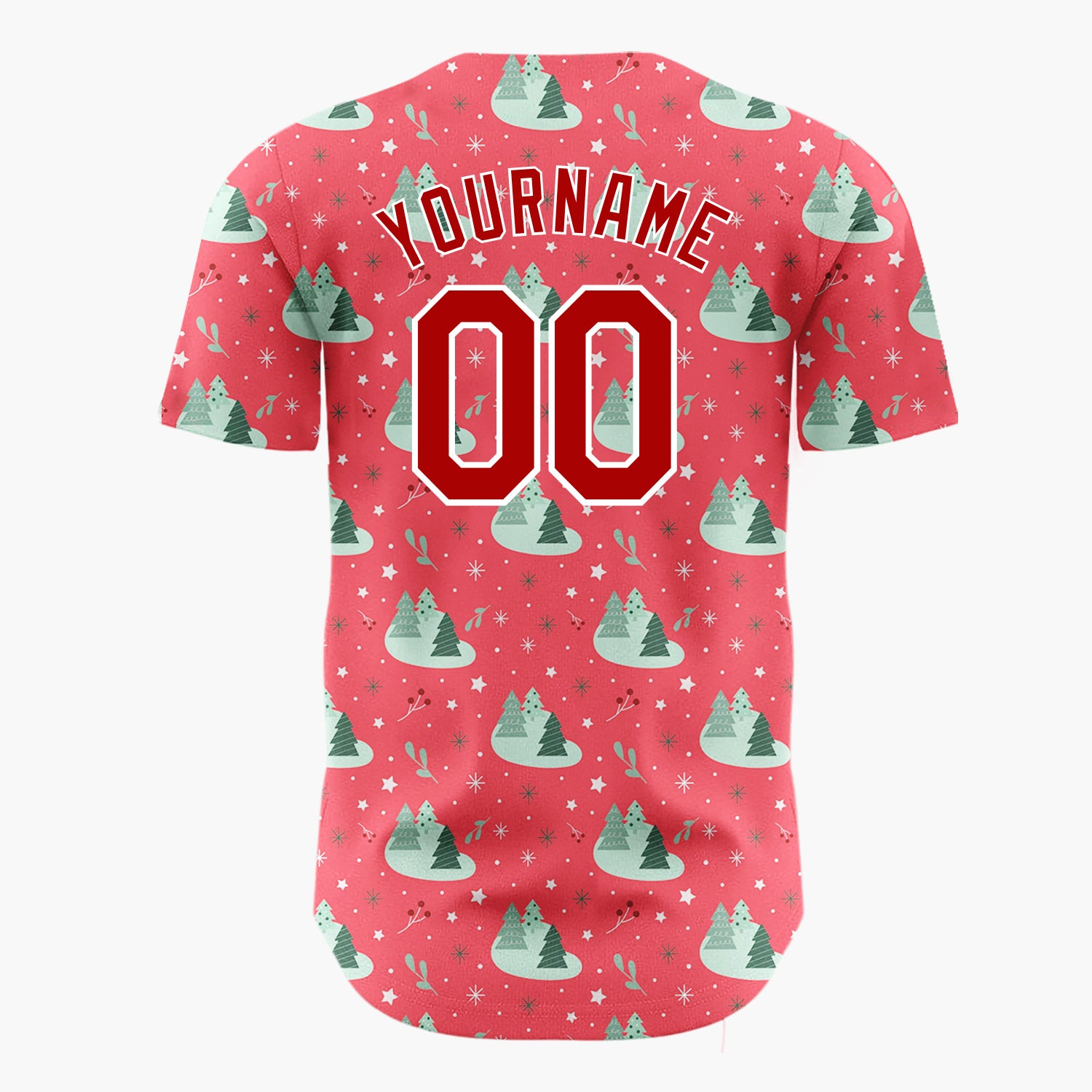 Custom Red Mint Green Forest Trees And Snowflakes Simple Holiday Pattern Christmas Baseball Jersey