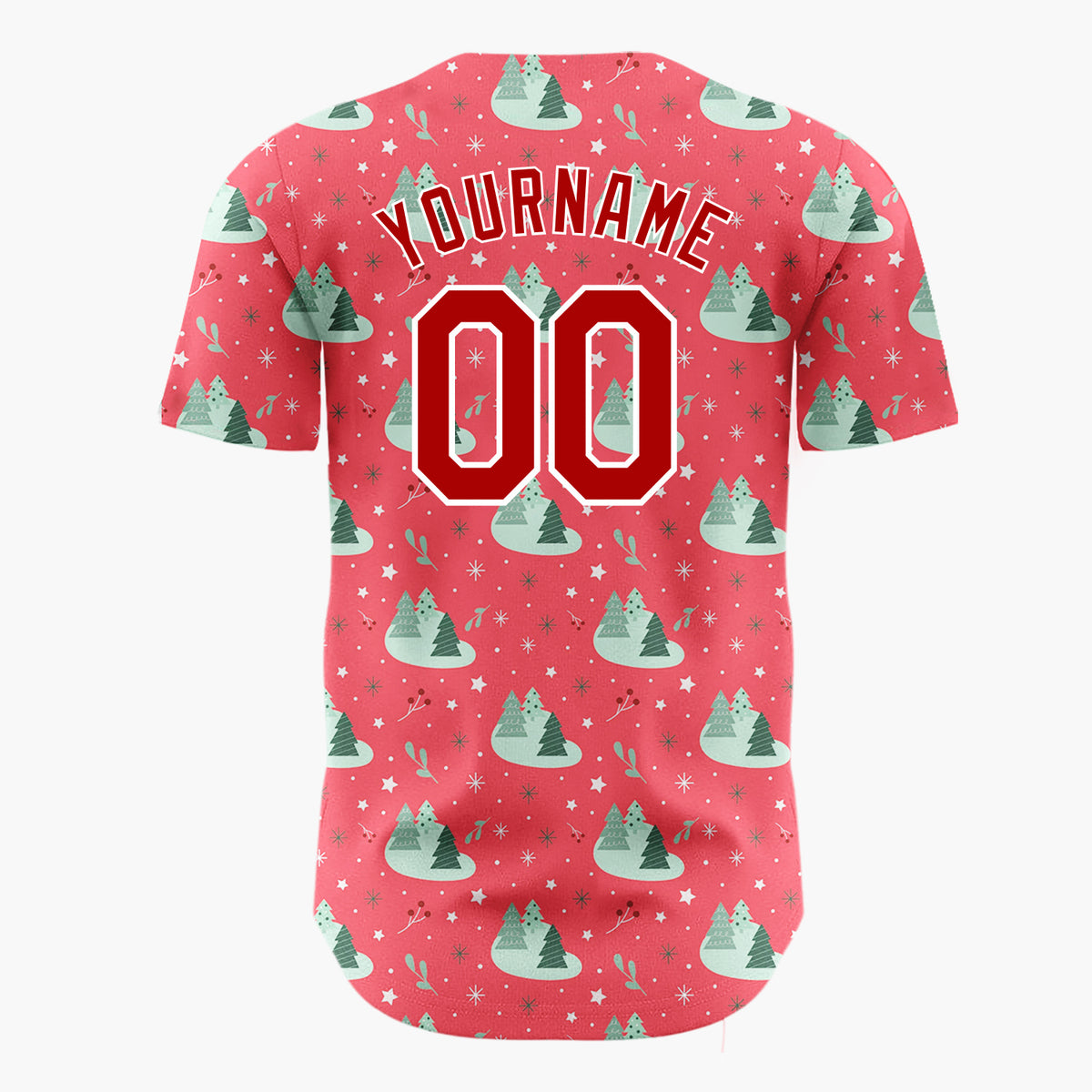 Custom Red Mint Green Forest Trees And Snowflakes Simple Holiday Pattern Christmas Baseball Jersey