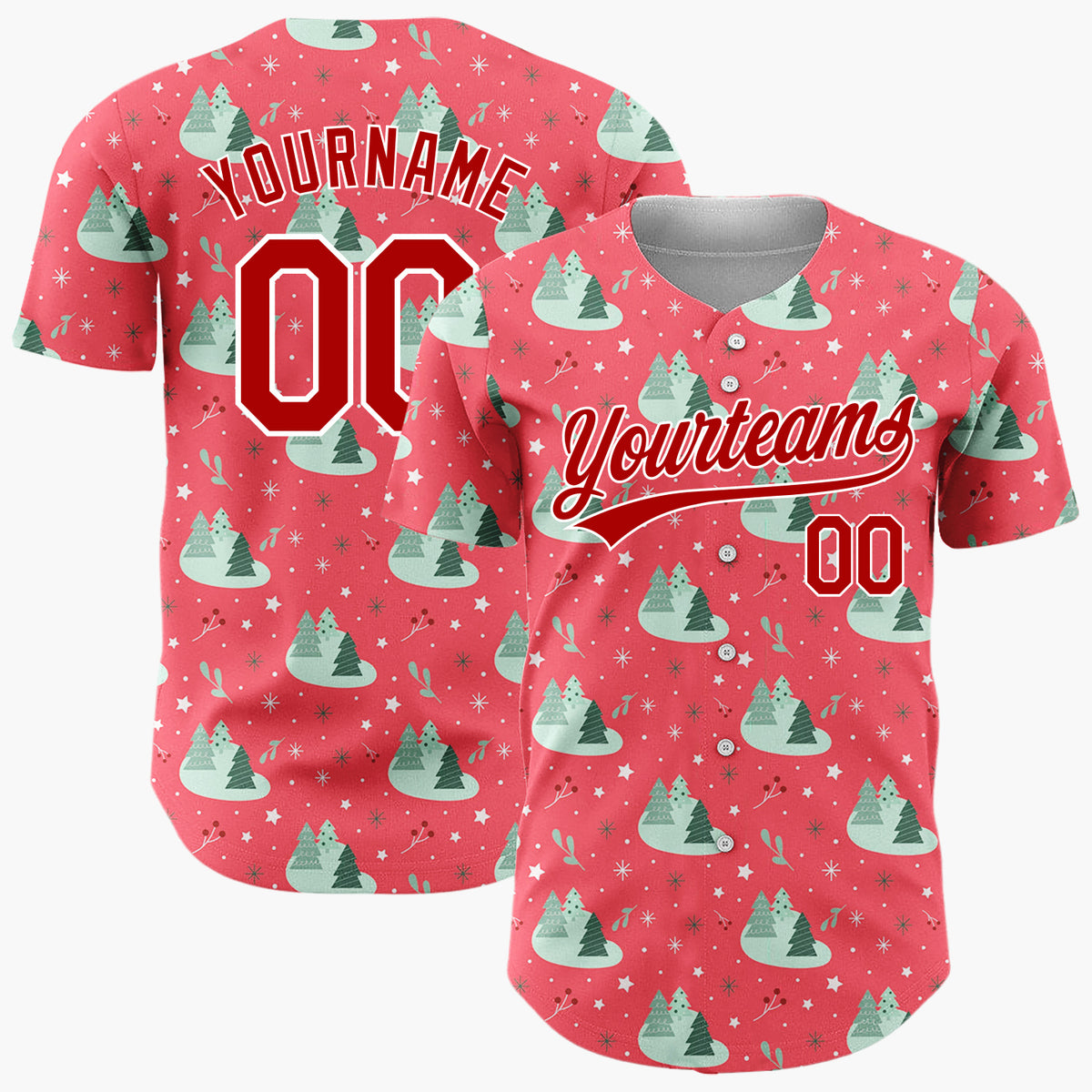 Custom Red Mint Green Forest Trees And Snowflakes Simple Holiday Pattern Christmas Baseball Jersey
