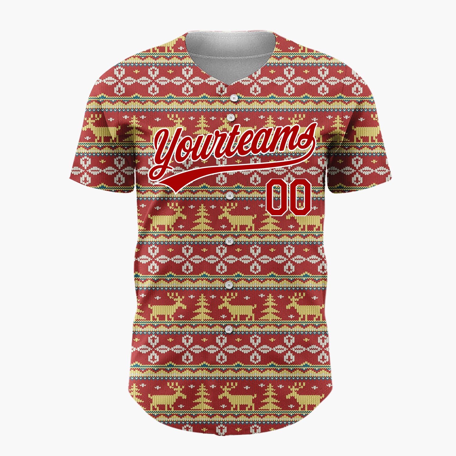 Custom Red Yellow White Reindeers Trees And Snowflakes Nordic Fair Isle Pattern Christmas Baseball Jersey