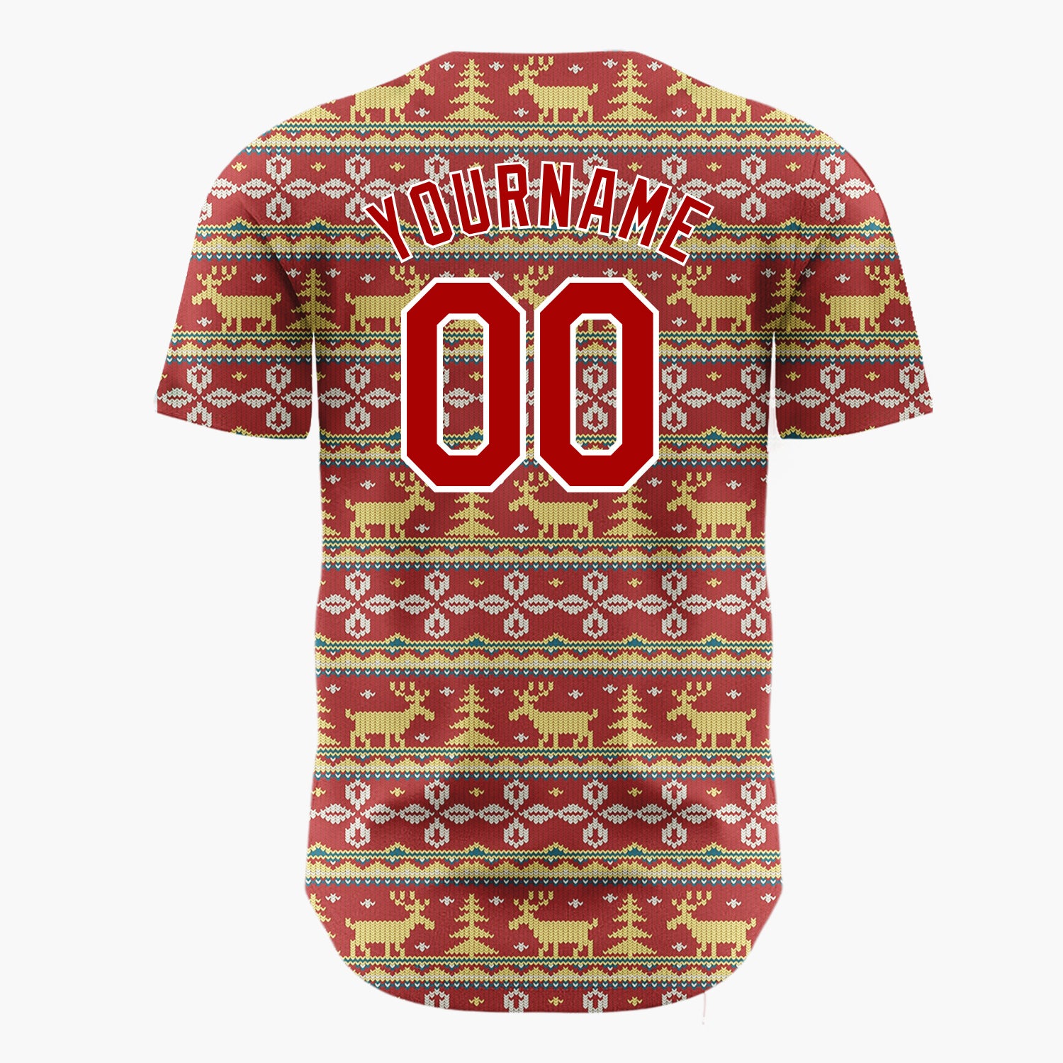 Custom Red Yellow White Reindeers Trees And Snowflakes Nordic Fair Isle Pattern Christmas Baseball Jersey