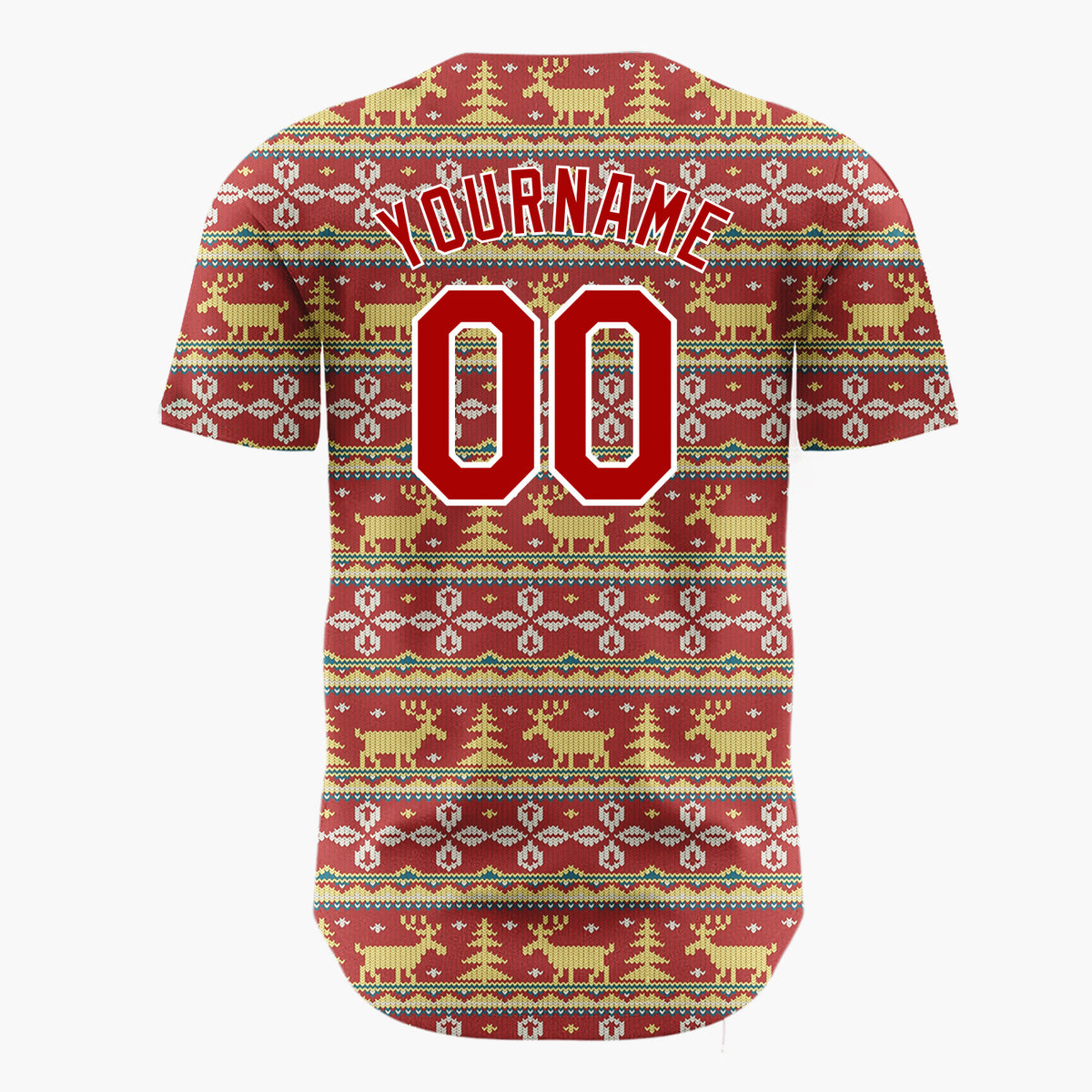 Custom Red Yellow White Reindeers Trees And Snowflakes Nordic Fair Isle Pattern Christmas Baseball Jersey