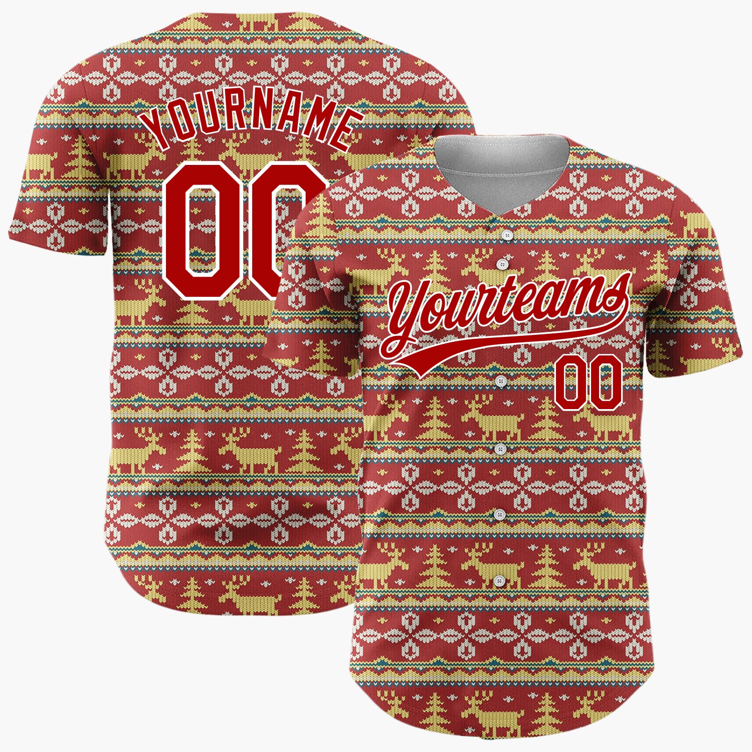 Custom Red Yellow White Reindeers Trees And Snowflakes Nordic Fair Isle Pattern Christmas Baseball Jersey