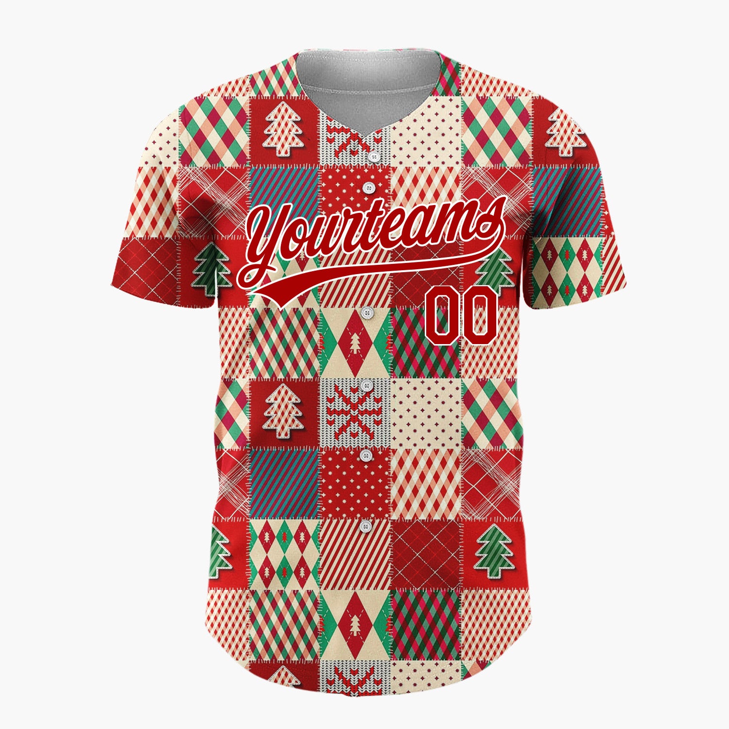 Custom Red Christmas Quilt Patchwork Plaid Pattern Christmas Baseball Jersey
