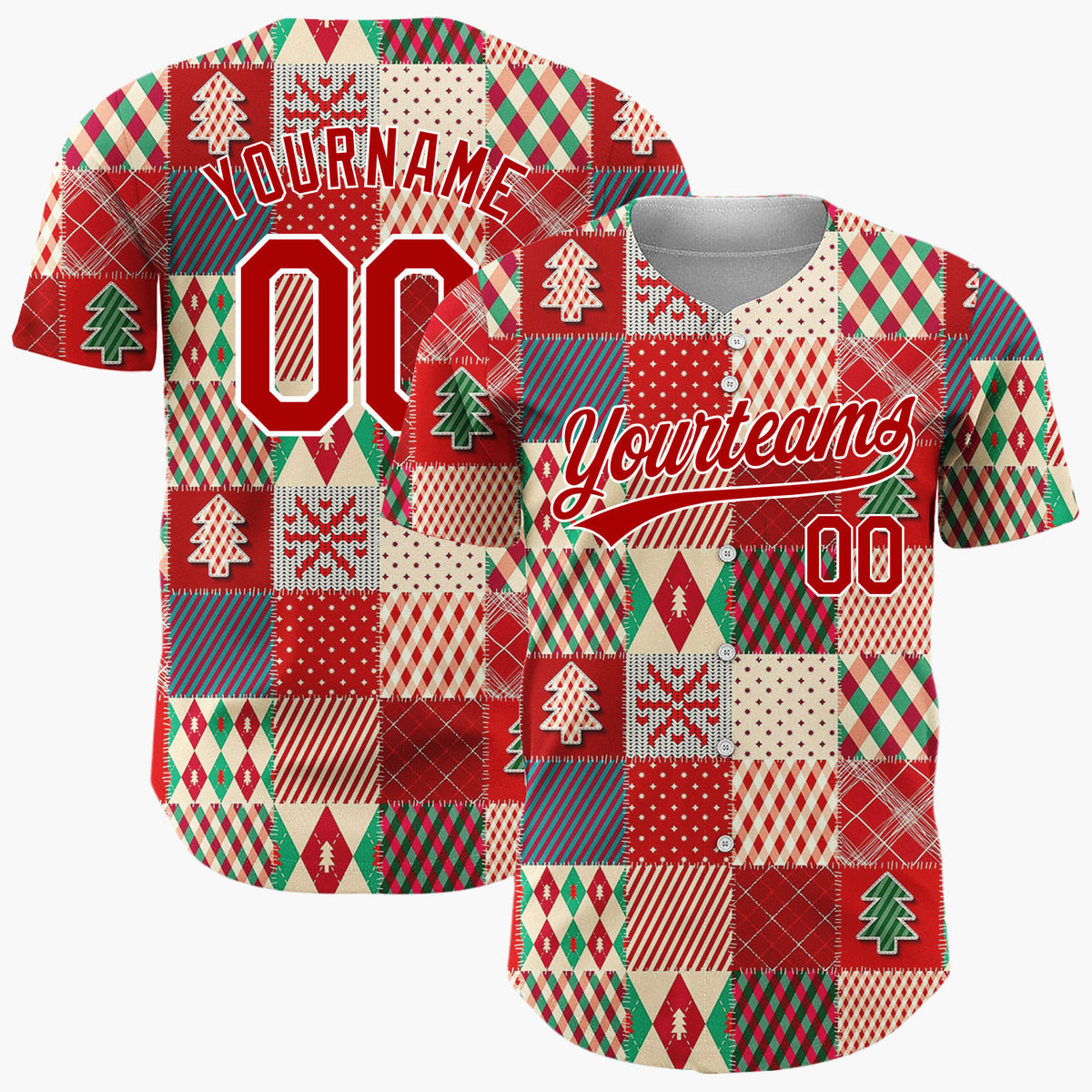 Custom Red Christmas Quilt Patchwork Plaid Pattern Christmas Baseball Jersey