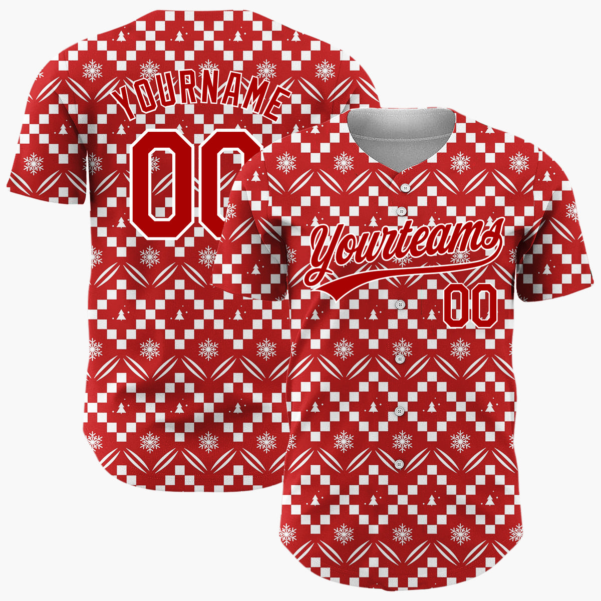 Custom Red Snowflakes Geometric Nordic Fair Isle Christmas Baseball Jersey