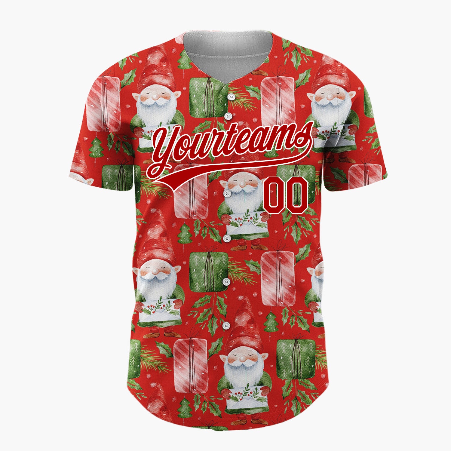 Custom Red Watercolor Gnomes Gifts Festive Illustration Pattern Christmas Baseball Jersey