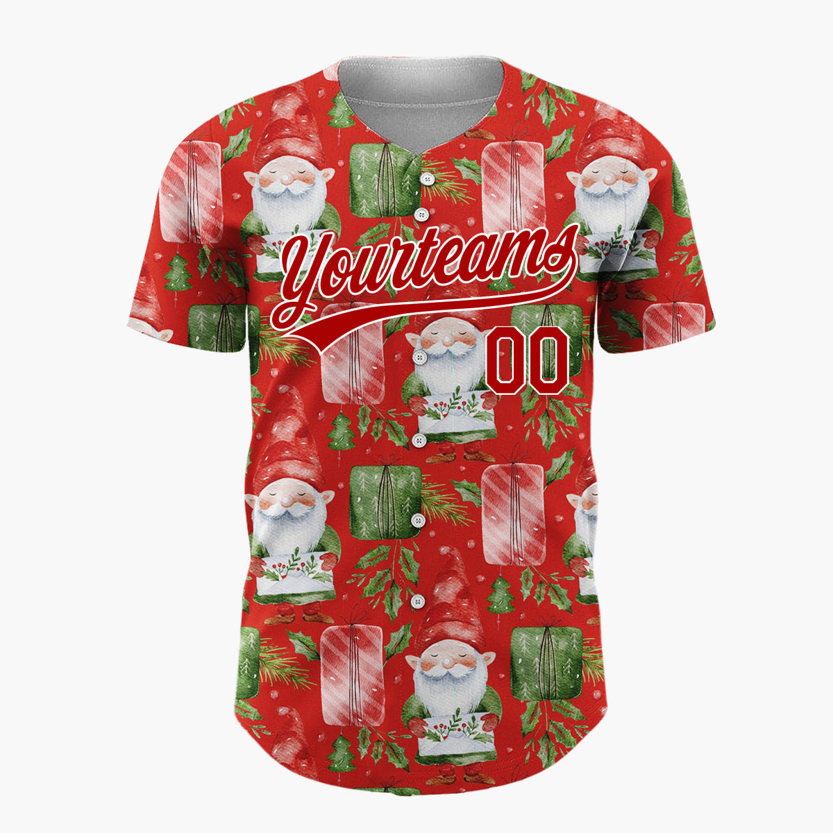 Custom Red Watercolor Gnomes Gifts Festive Illustration Pattern Christmas Baseball Jersey